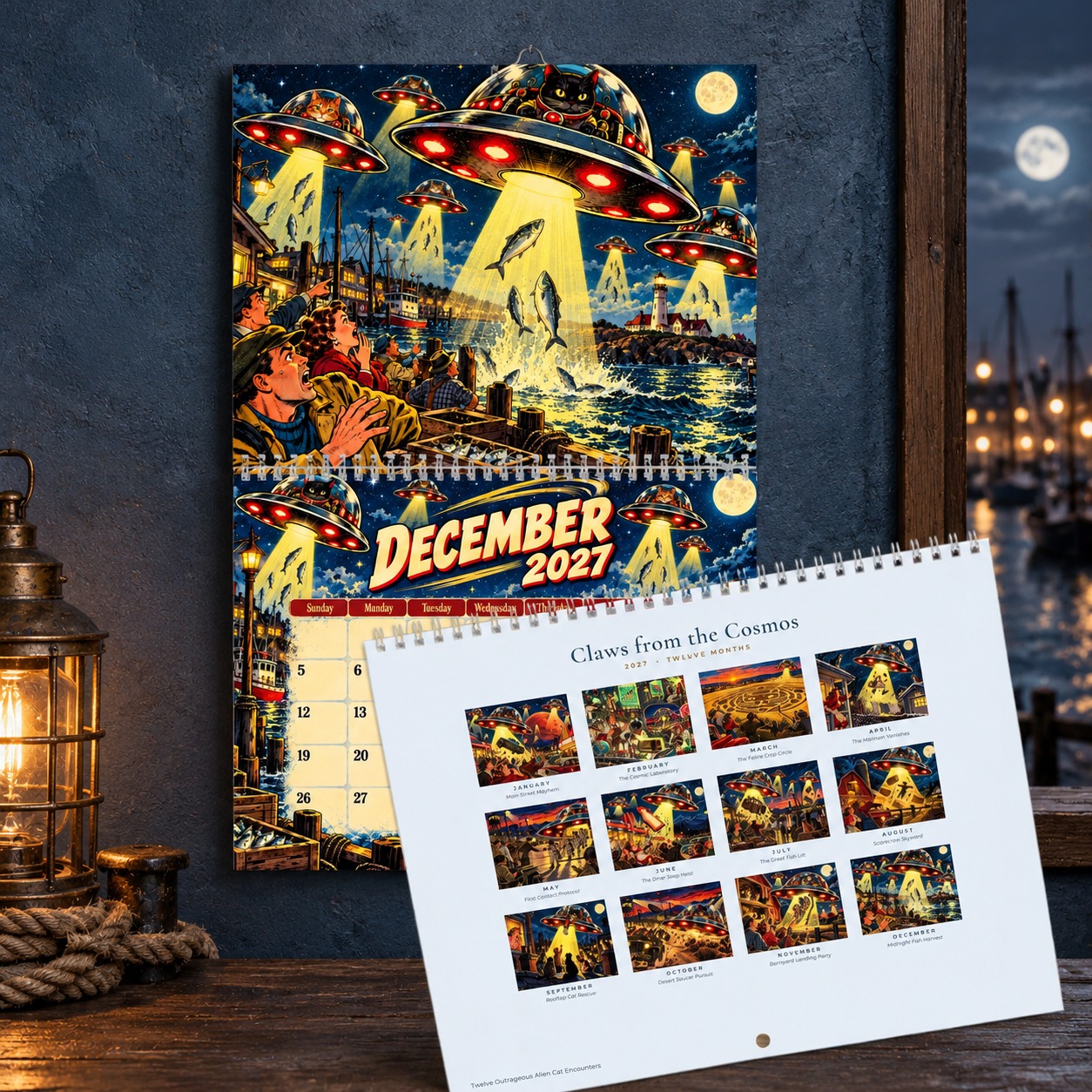 2027 Alien Cat Wall Calendar, Retro Sci Fi UFO Cat Calendar, Vintage Pulp Comic Art Calendar, Space Cat Wall Decor, Funny Cat Lover Gift - image 7