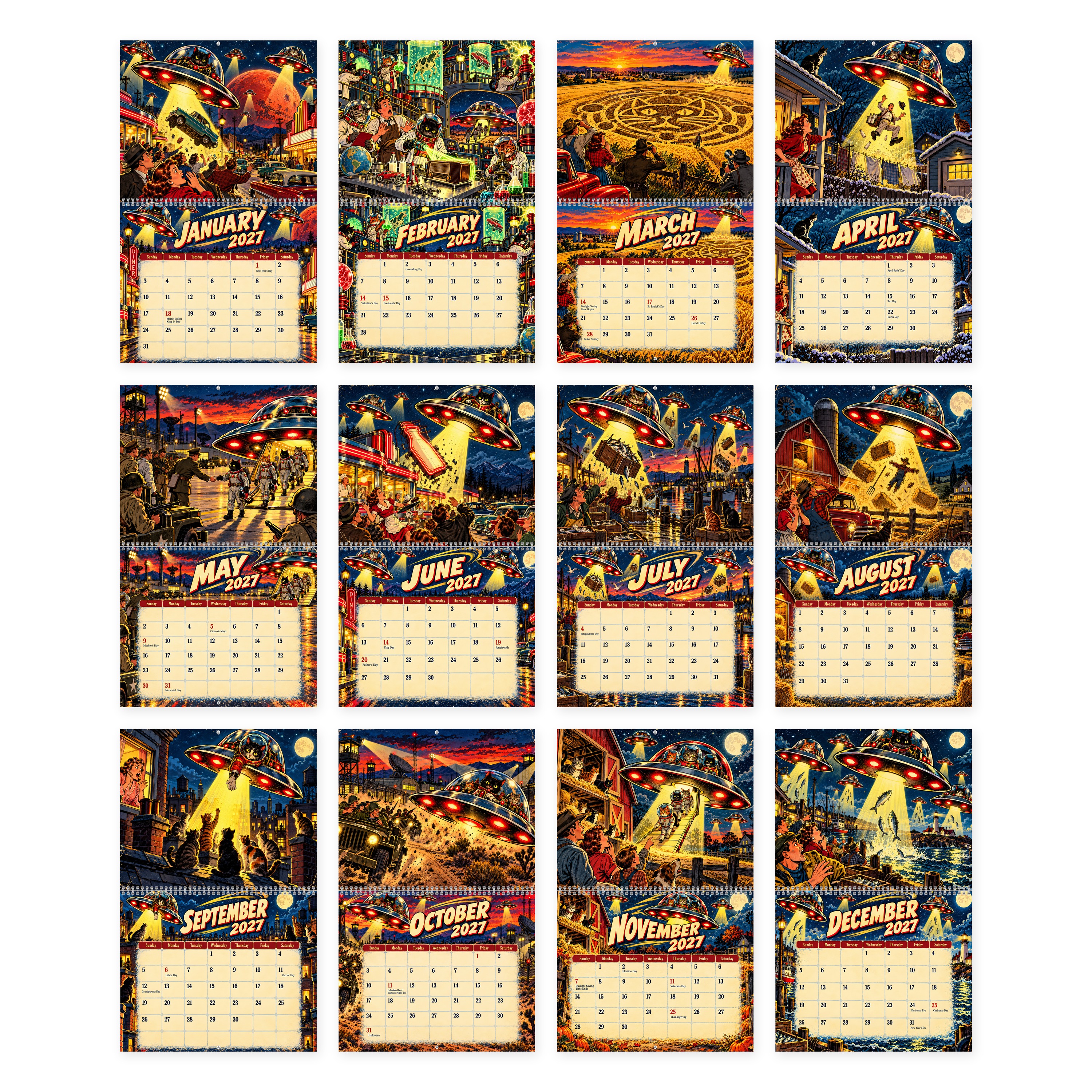 2027 Alien Cat Wall Calendar, Retro Sci Fi UFO Cat Calendar, Vintage Pulp Comic Art Calendar, Space Cat Wall Decor, Funny Cat Lover Gift - image 8