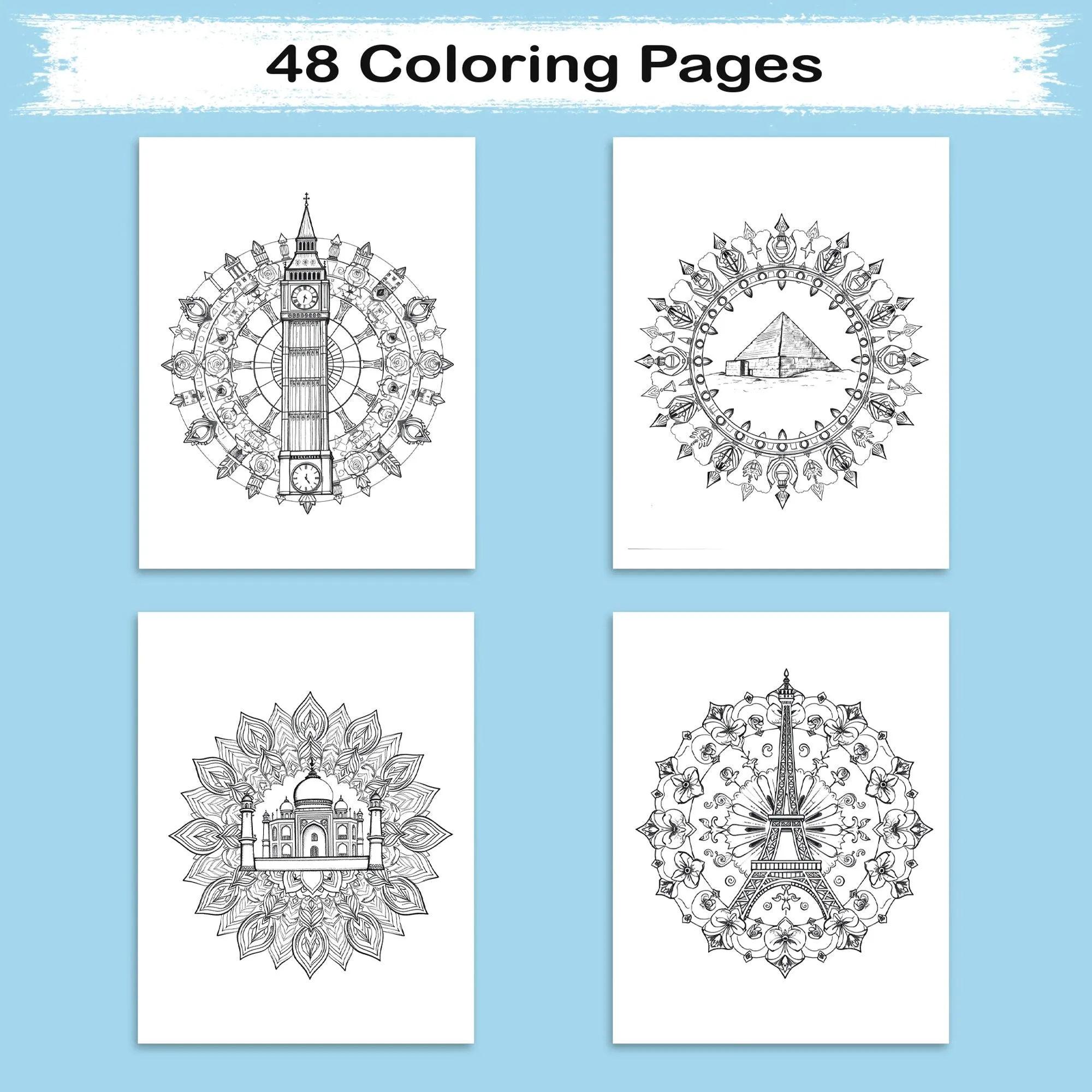 Architectural Mandalas of the World – Mandala Coloring Pages – 48 Pages – Eiffel Tower, Pyramids, Taj Mahal & More – For Adults - image 3