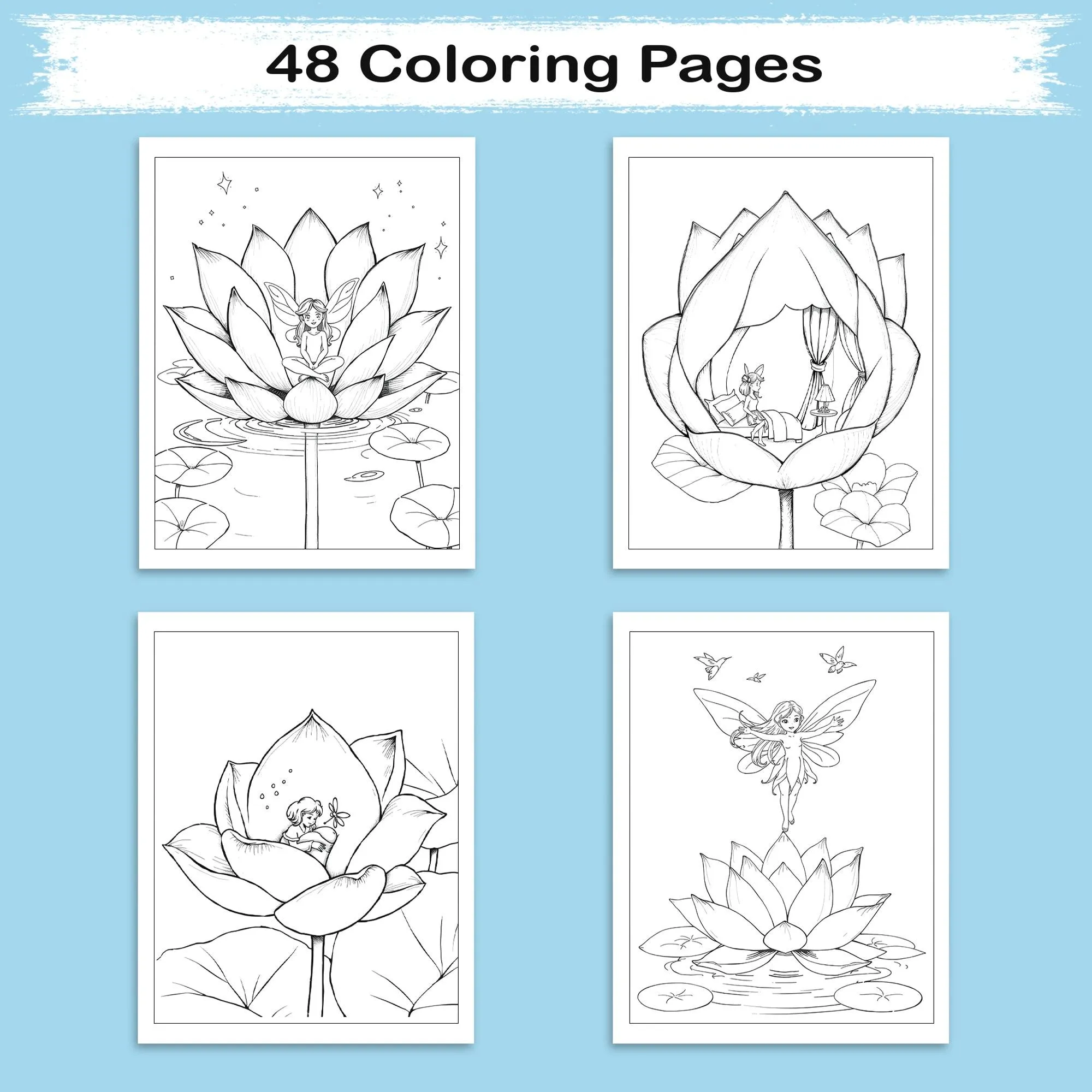 Fairies of the Lotus Bloom – Coloring Pages – 48 Magical Flower Scenes – For Kids and Adults - image 3