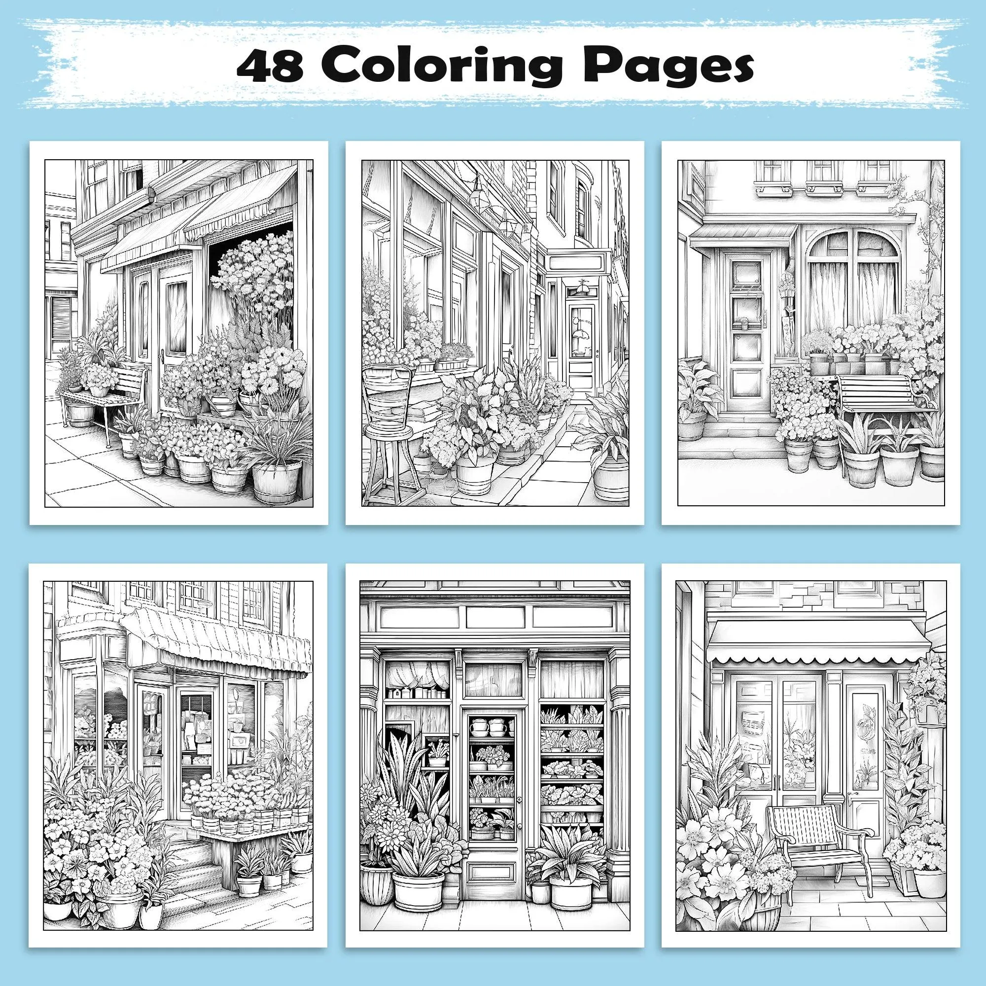 Floral Street Charm Coloring Pages – 48 Relaxing Flower Scenes for Adults - image 2