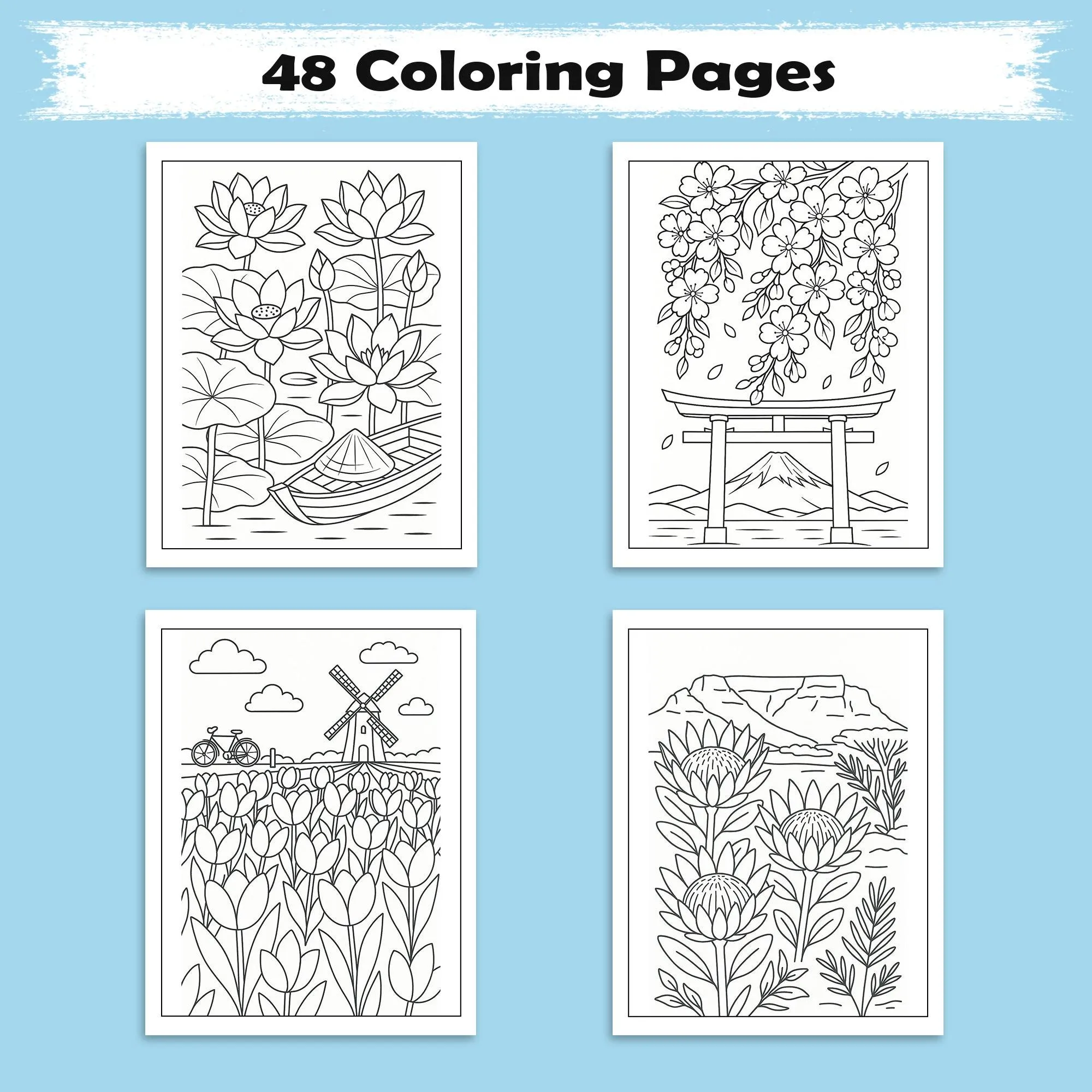 Global Blooms – Flower Coloring Pages – 48 Pages – Iconic Blossoms from Japan, Vietnam, Holland & More – For Adults - image 2