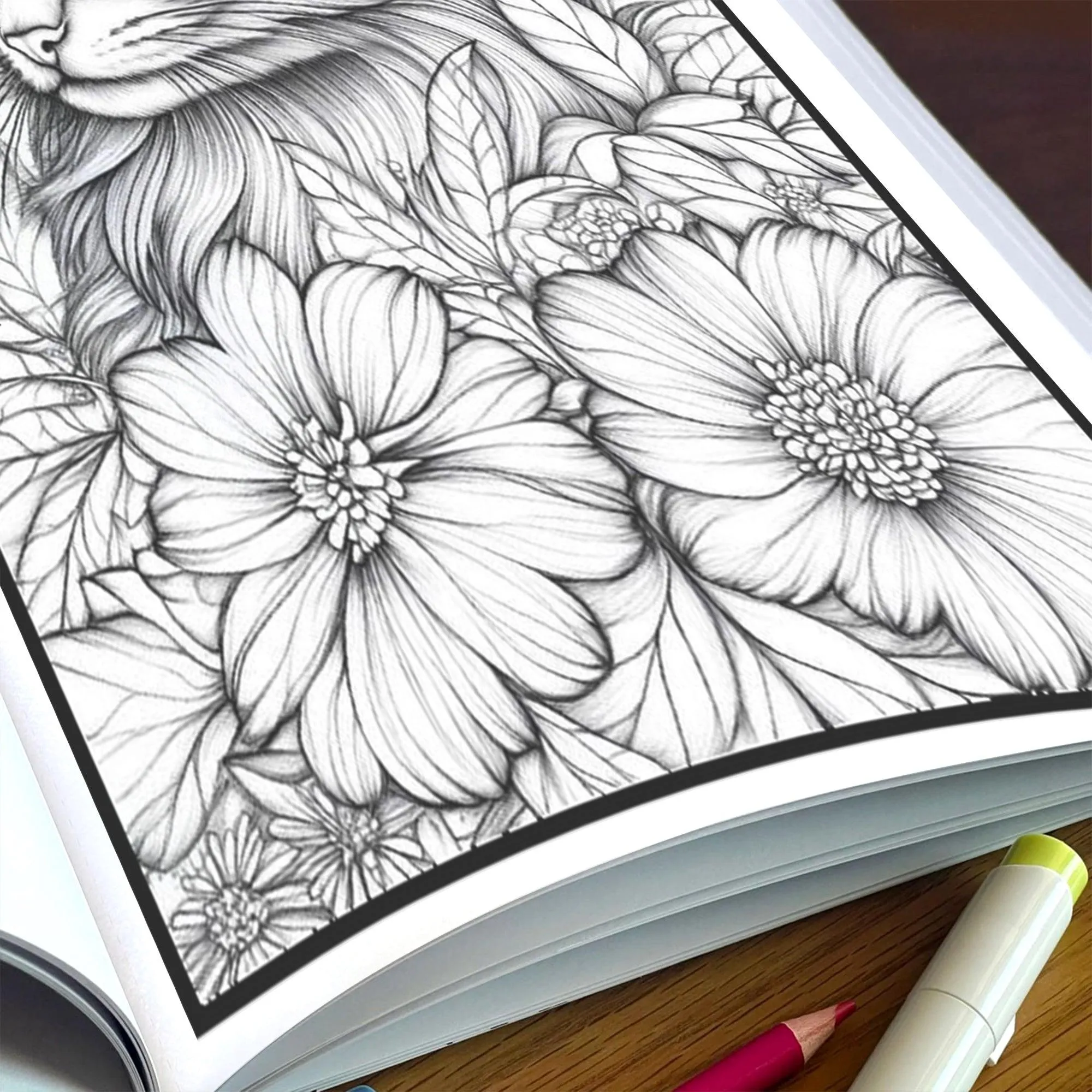 Whiskers & Blooms – Flower Coloring Pages – 48 Pages – Cozy Cats, Floral Backgrounds, Relaxing Line Art – For Adults - image 5