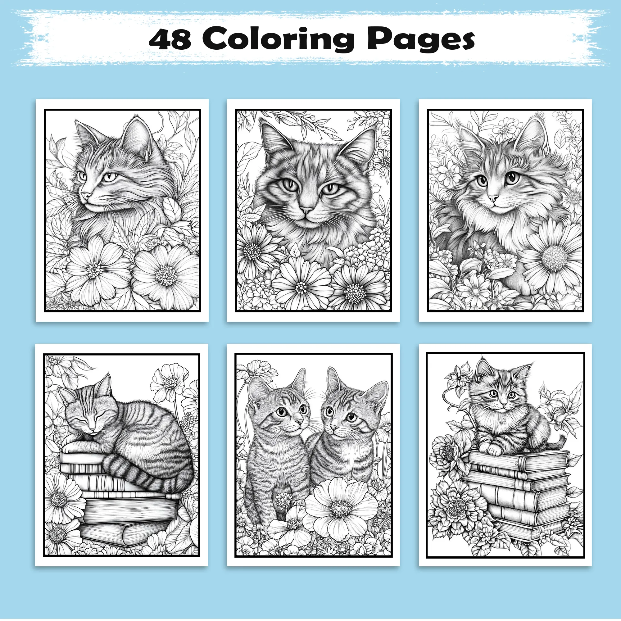 Whiskers & Blooms – Flower Coloring Pages – 48 Pages – Cozy Cats, Floral Backgrounds, Relaxing Line Art – For Adults - image 3