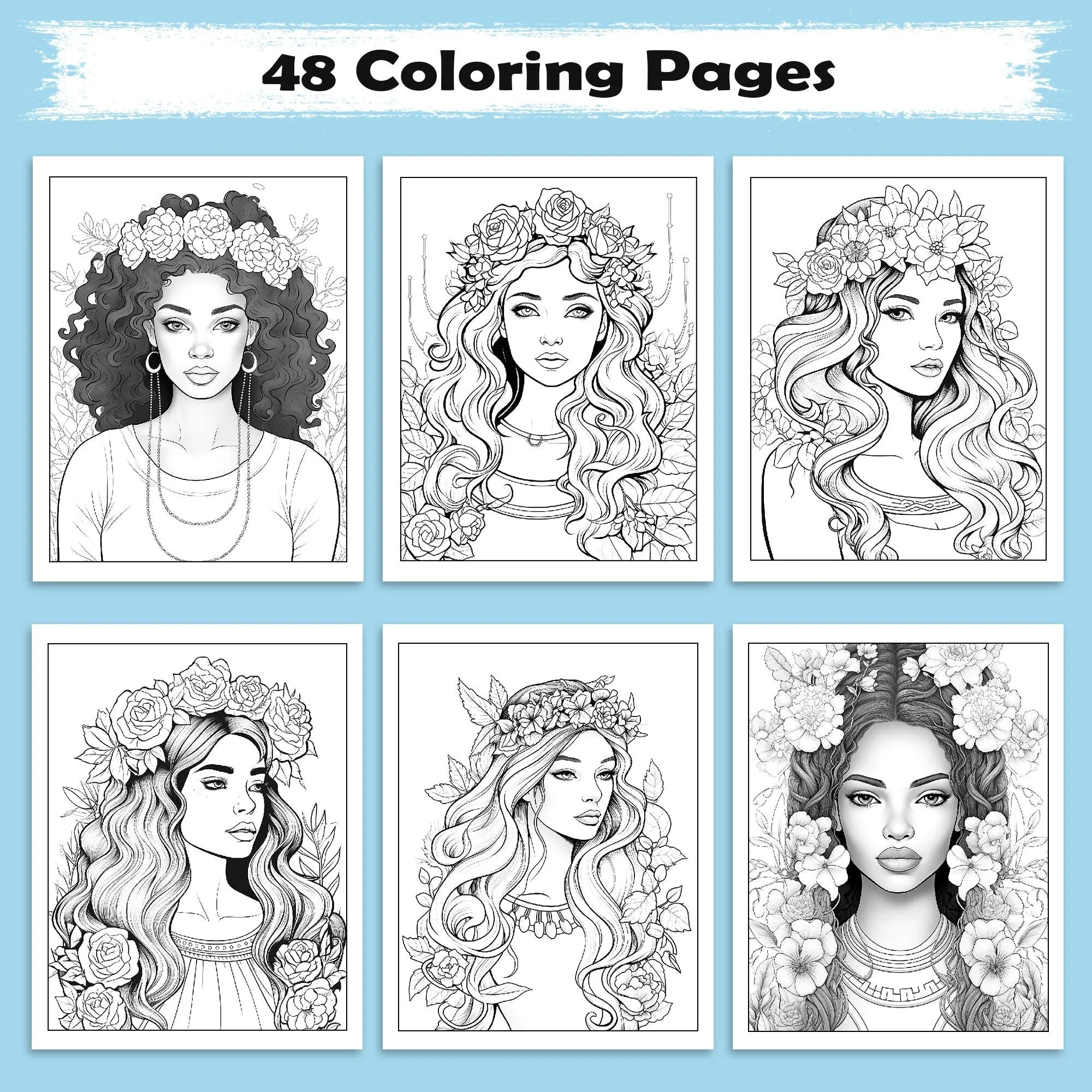 Blossom Queens Coloring Pages – 48 Floral Portraits of Black Women for Adults - image 2