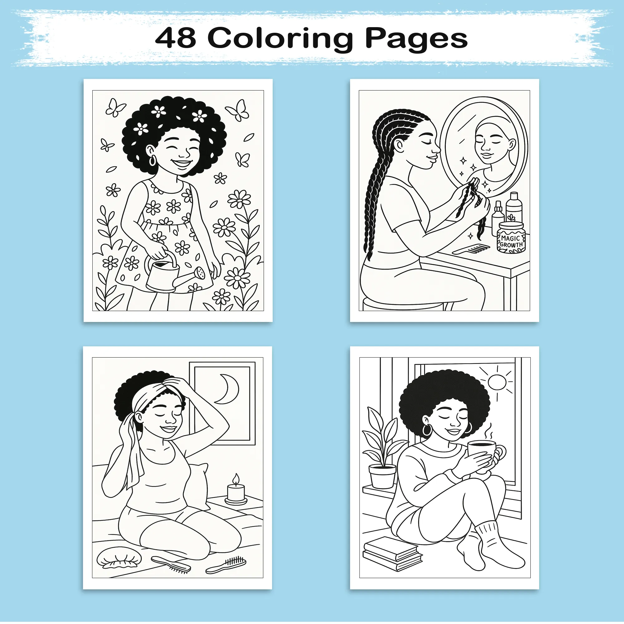 Natural Hair Magic Coloring Pages – 48 Empowering Portraits Celebrating Curls, Braids, and Black Beauty - image 5