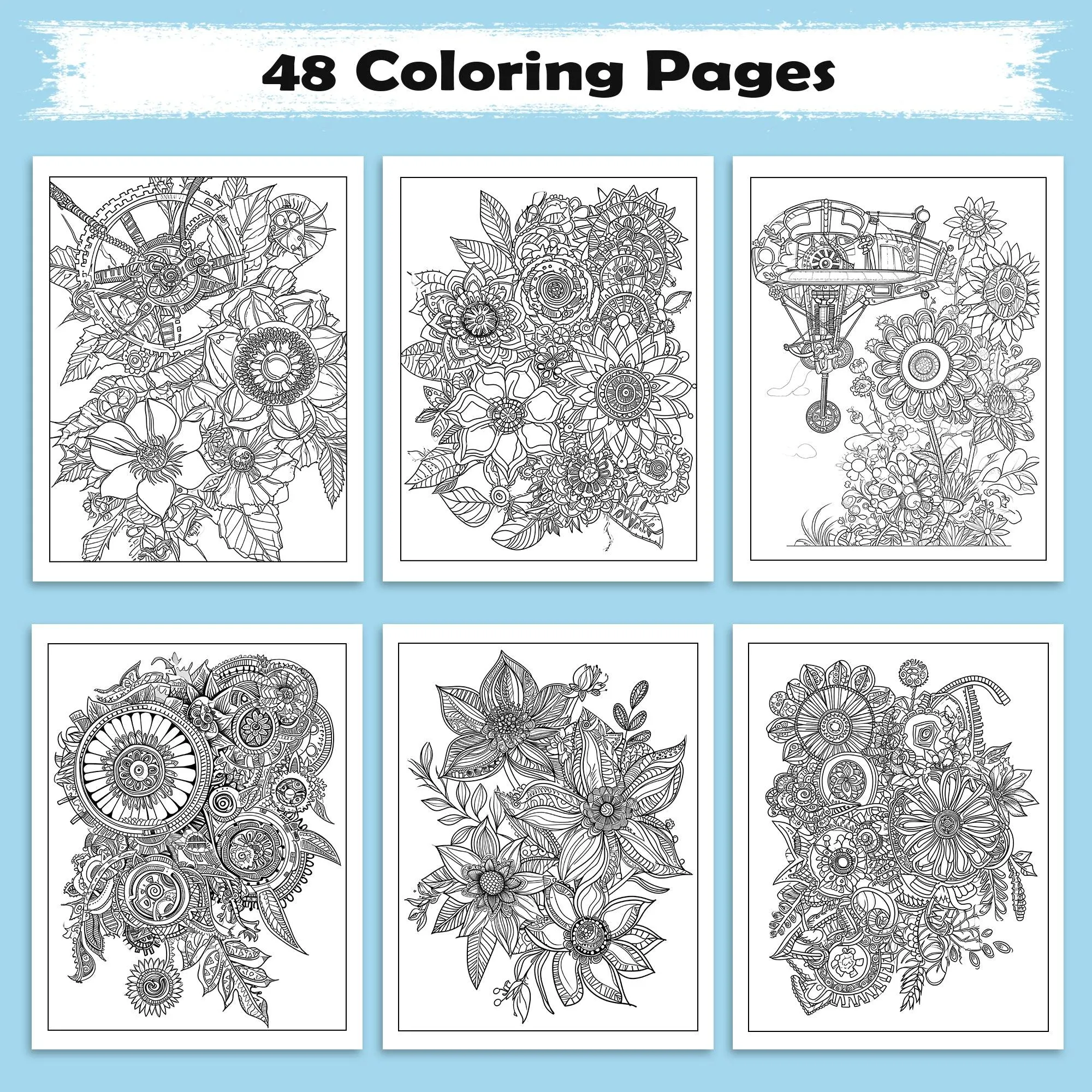 Steampunk Blooms Coloring Pages – 48 Pages – Floral Gears, Mechanical Flowers, Intricate Design – For Adults - image 3