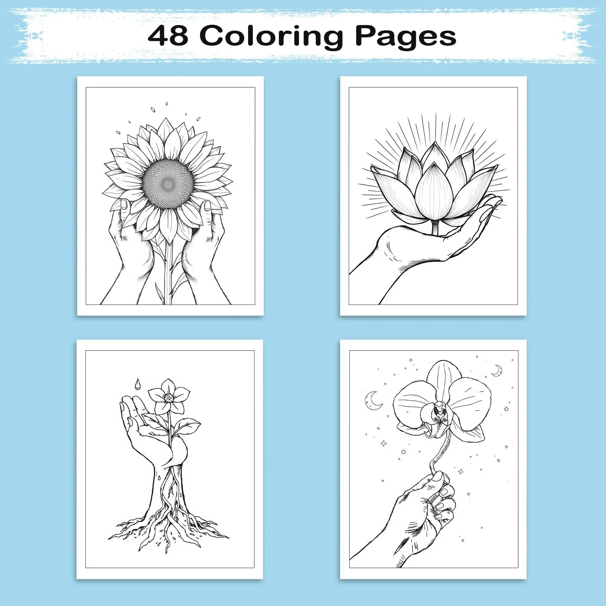 Hands of Bloom – Coloring Pages – 48 Symbolic Floral & Hand Illustrations – For Kids And Adults - image 3