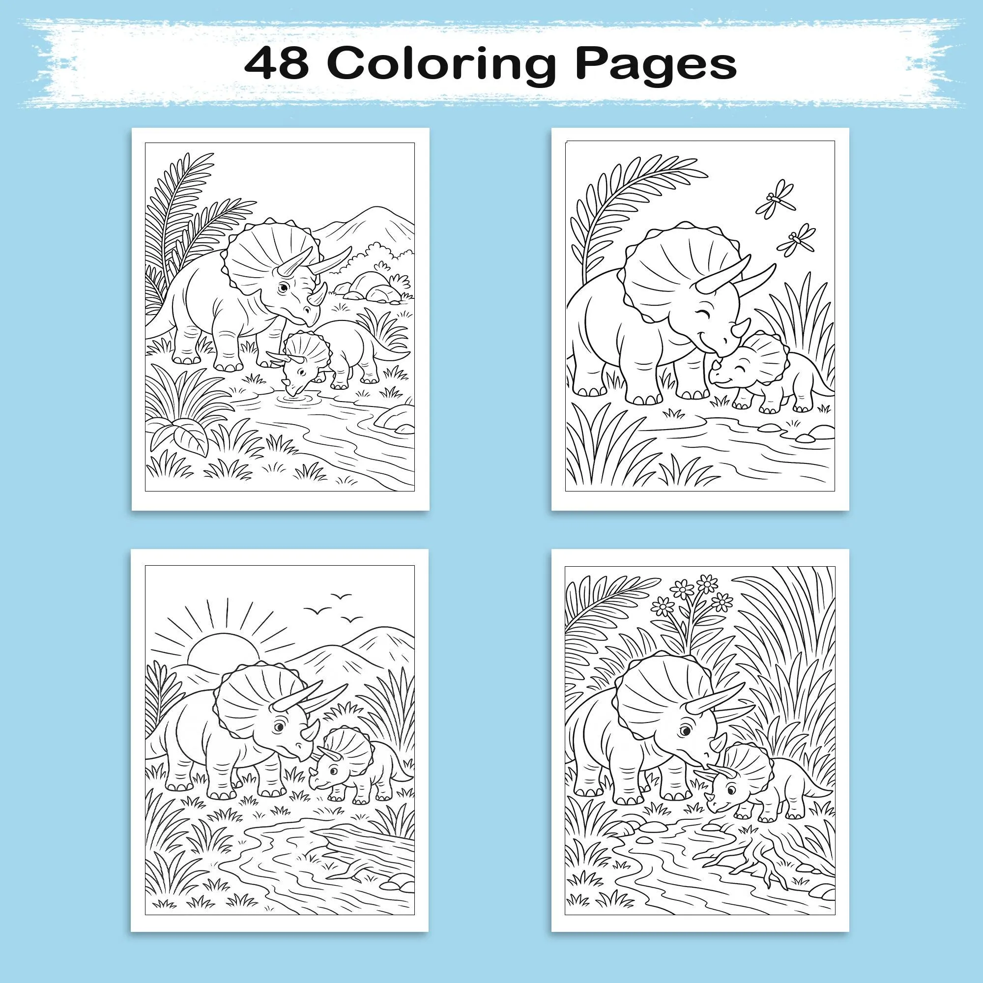 Triceratops Valley Coloring Pages – 48 Pages – Cute, Peaceful, Dinosaur Family Moments – For Kids - image 3