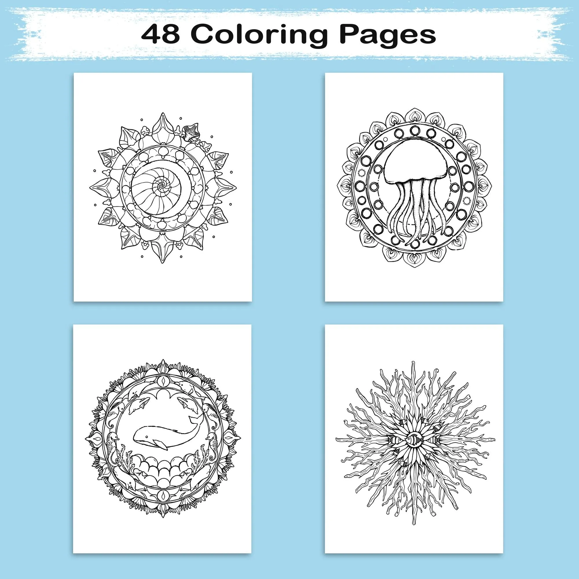 Ocean Mandalas – Mandala Coloring Pages – 48 Pages – Shells, Seahorses, Waves & Underwater Flow – For Adults - image 2
