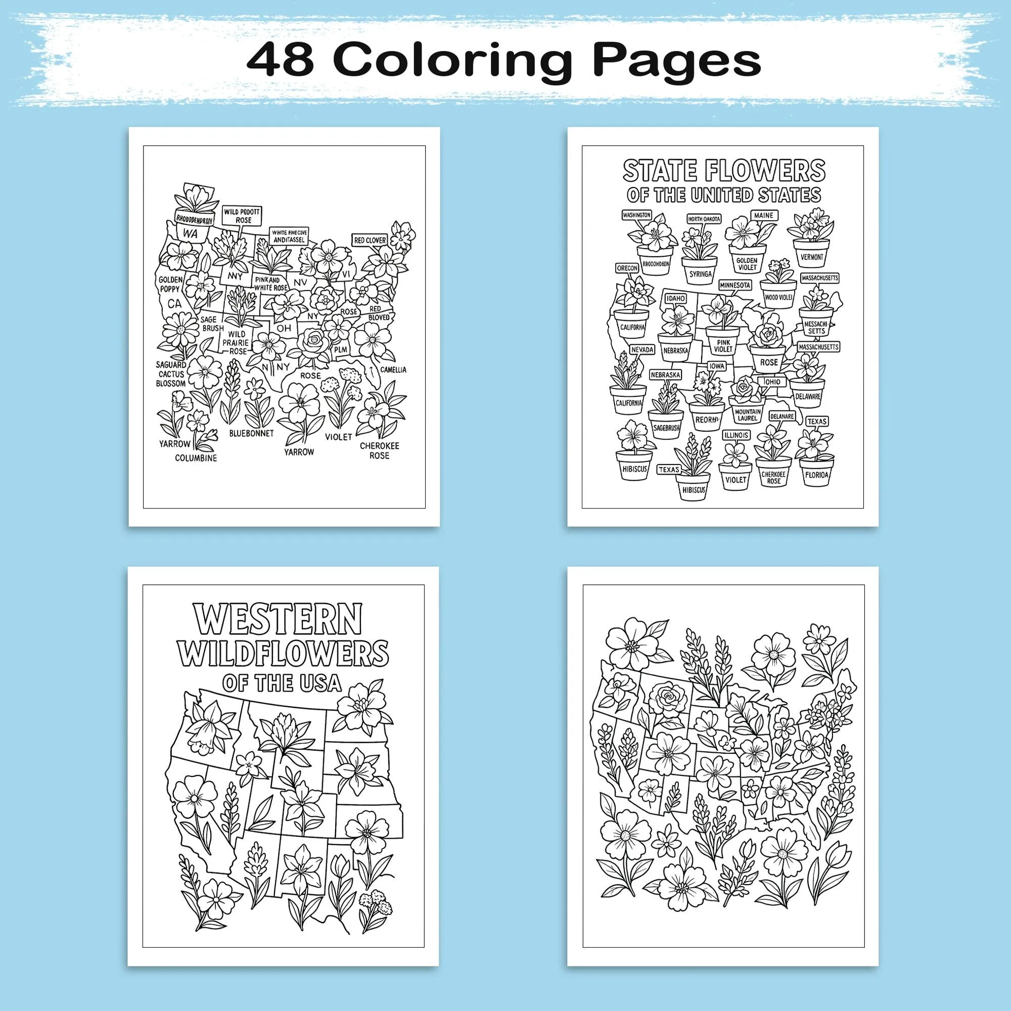 Floral Map of America – Coloring Pages – 48 State Flower Designs Across the U.S. – For Adults - image 3