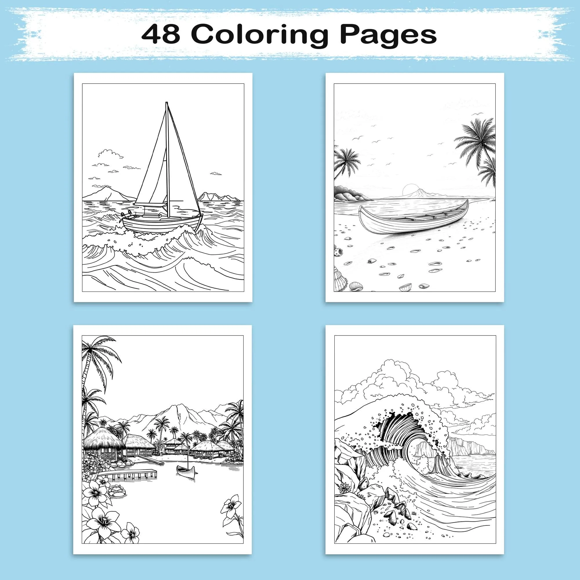 Waves & Villages of Hawaii Coloring Pages – 48 Peaceful Island Scenes with Canoes & Ocean Views - For Adults - image 3