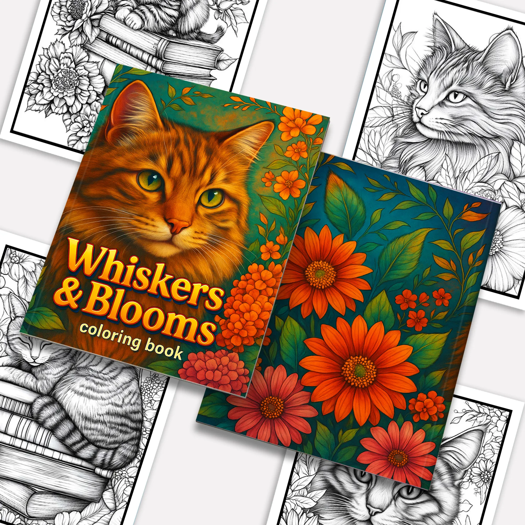 Whiskers & Blooms – Flower Coloring Pages – 48 Pages – Cozy Cats, Floral Backgrounds, Relaxing Line Art – For Adults