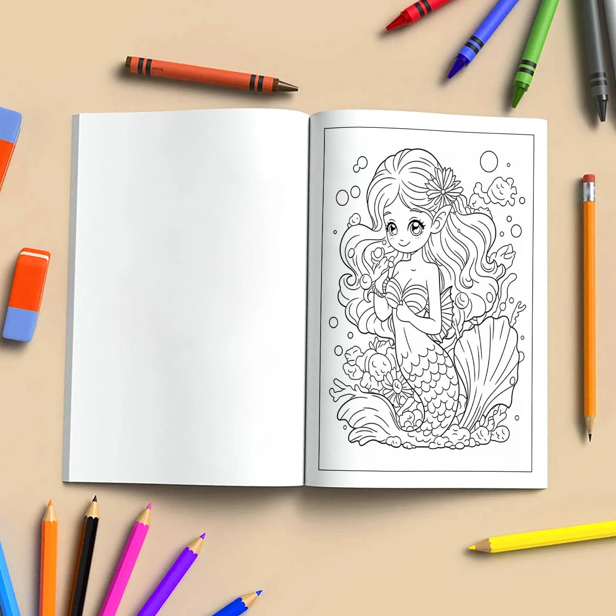 Kawaii Mermaid Magic Coloring Pages – 48 Pages – Cute Ocean, Mermaid, and Sea Life Designs – For Kids - image 4