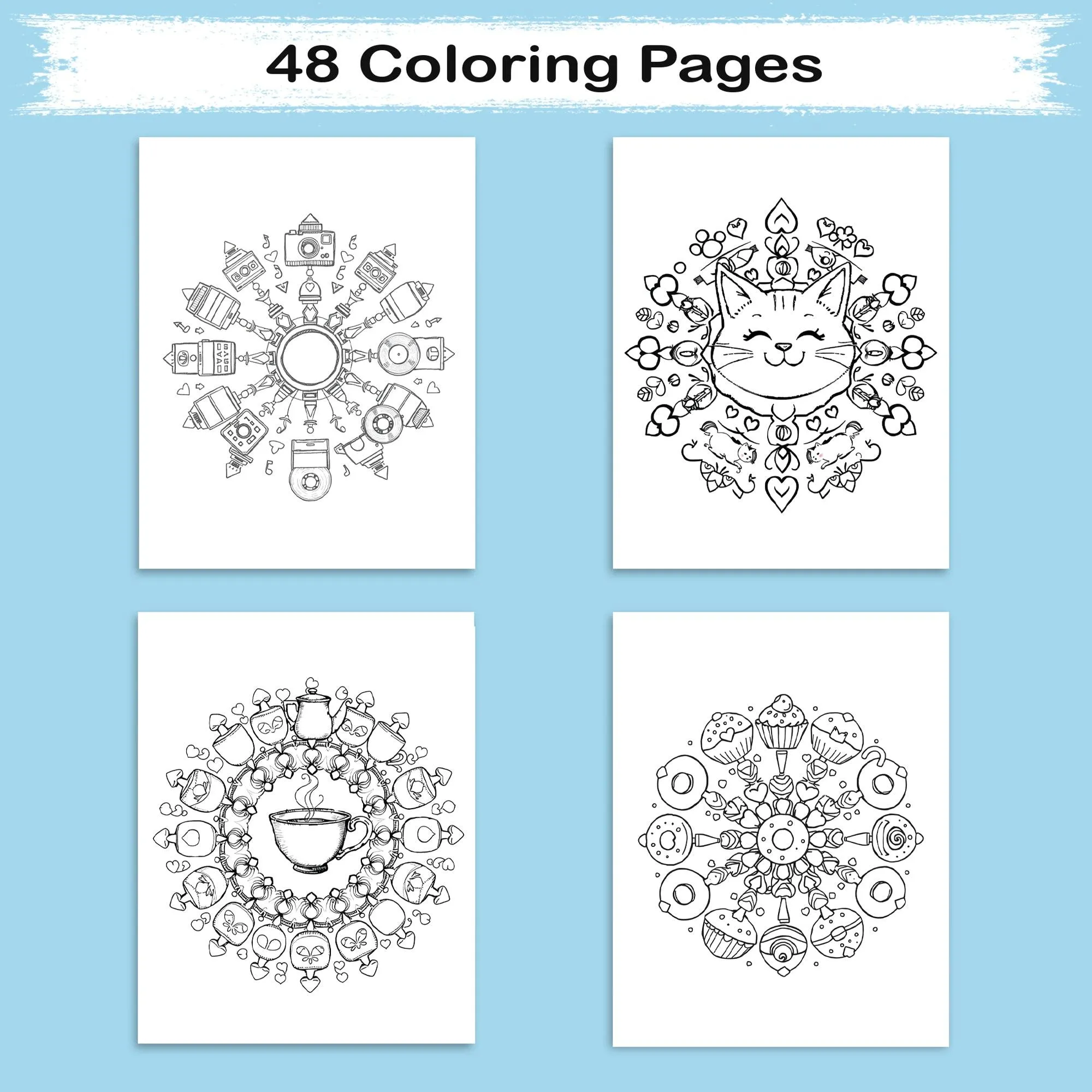 Whimsy Object Mandalas – Mandala Coloring Pages – 48 Pages – Donuts, Teacups, Cats & Cute Surprises – For All Ages - image 2