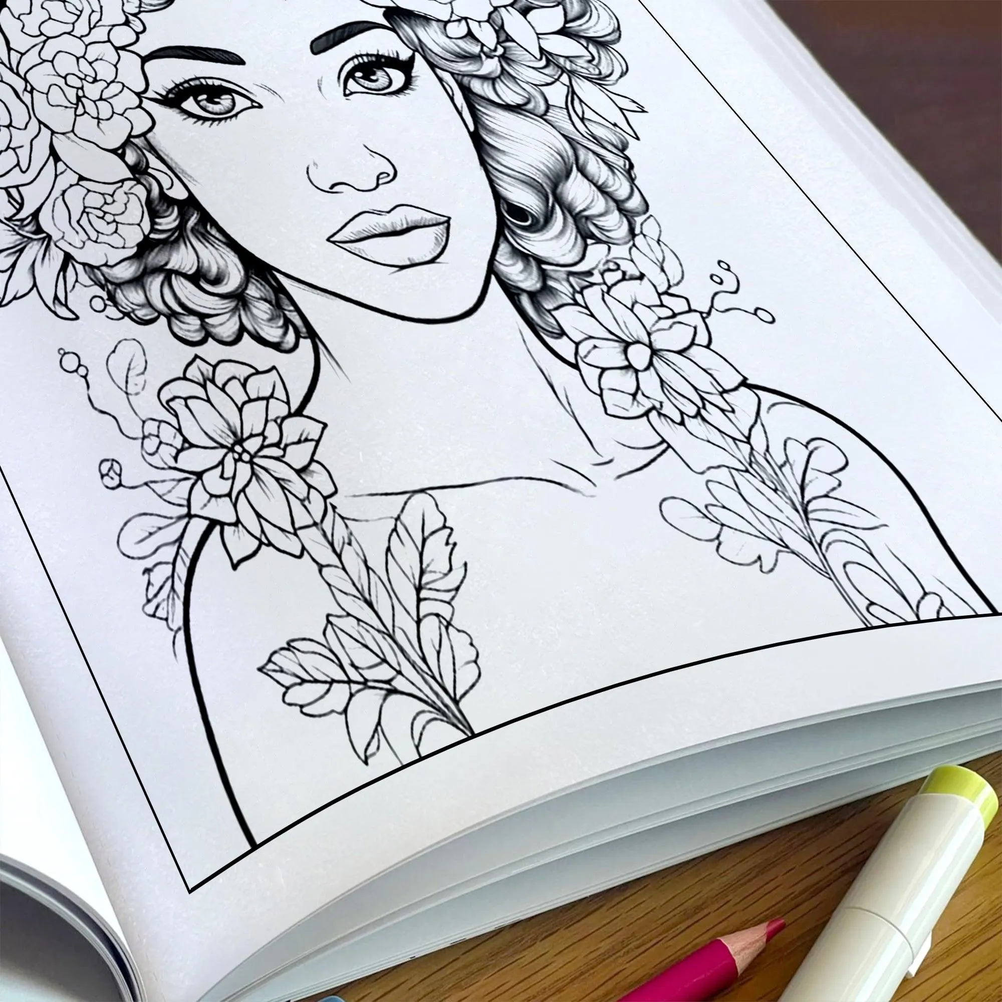 Blooming Melanin Coloring Pages – 48 Pages – Beautiful Black Girl Floral Portraits – For Adults - image 5