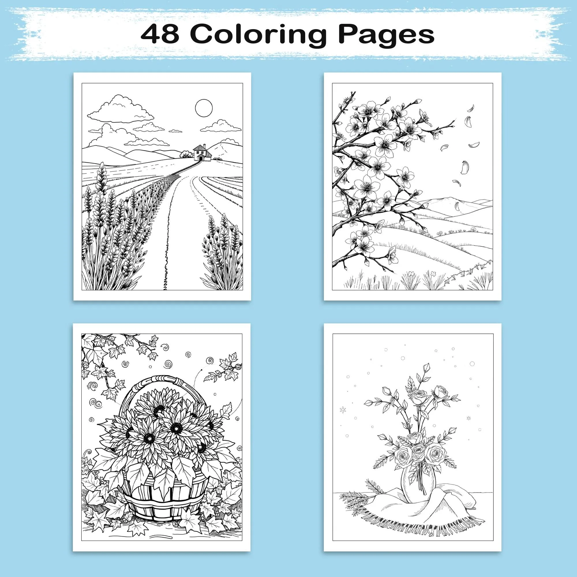 Seasons in Bloom – Flower Coloring Pages – 48 Pages – Cherry Blossoms, Lavender, Mums & Poinsettias – For Adults - image 2