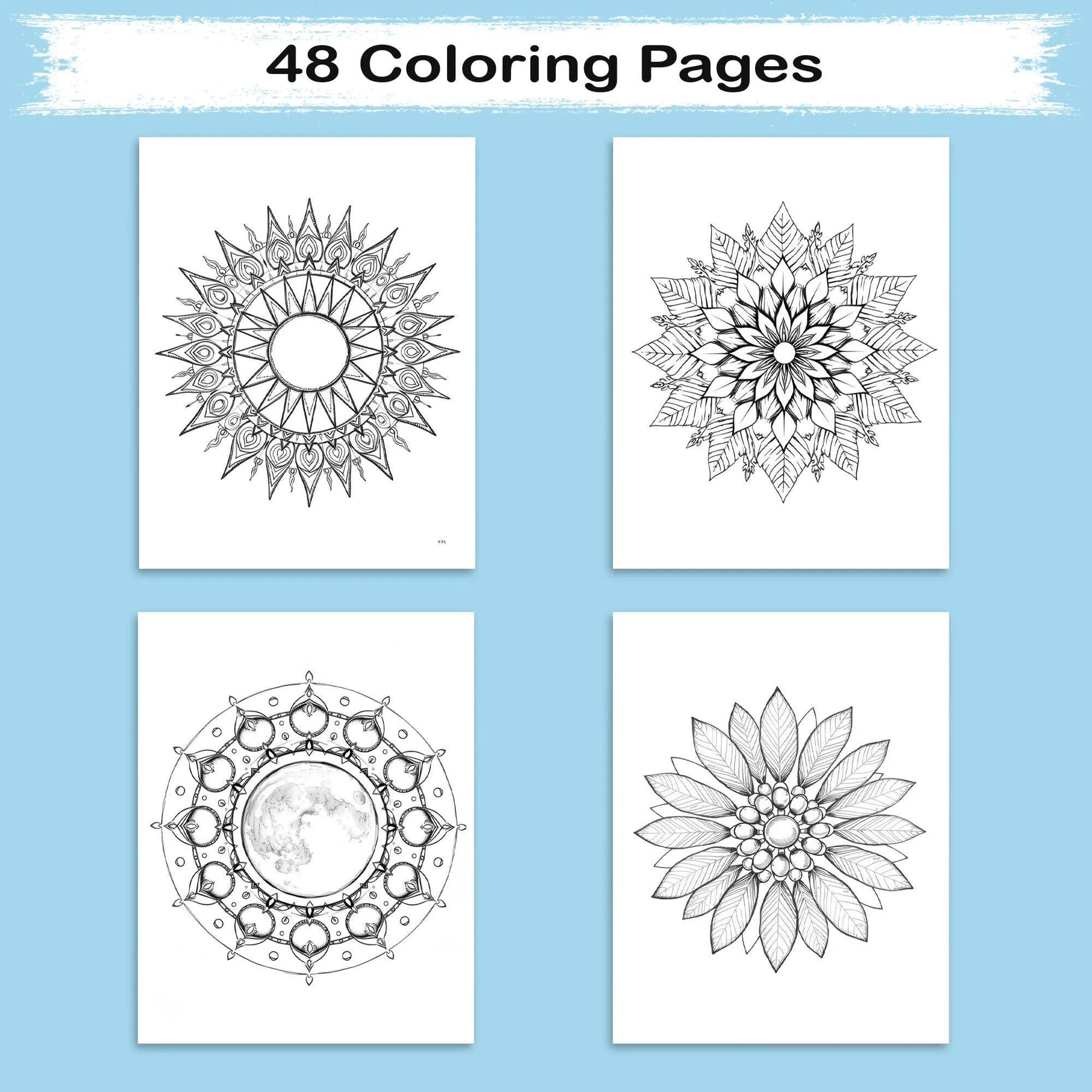 Nature Elements Mandala – Mandala Coloring Pages – 48 Pages – Leaves, Stones, Waves & Celestial Forms – For Adults - image 2