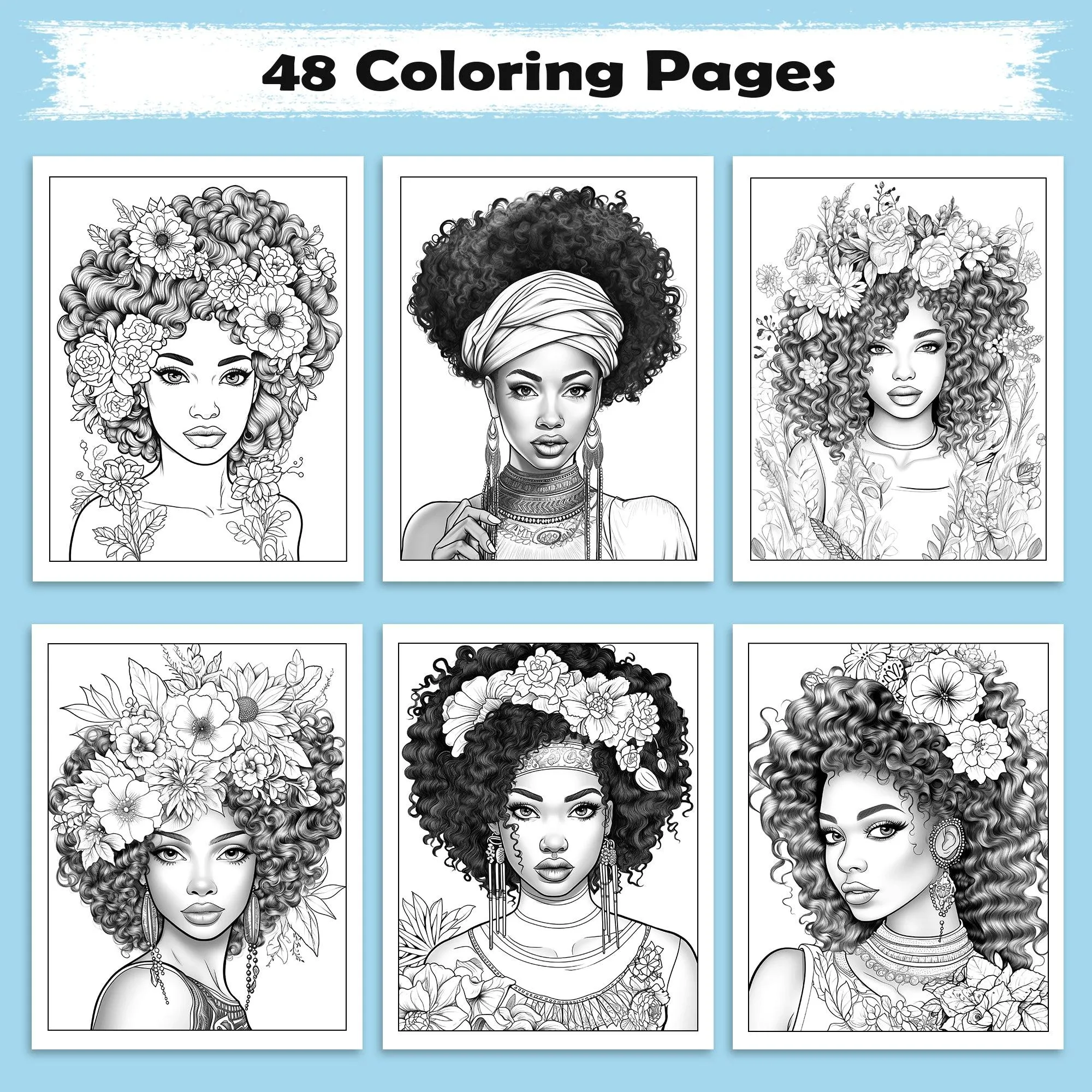 Blooming Melanin Coloring Pages – 48 Pages – Beautiful Black Girl Floral Portraits – For Adults - image 3