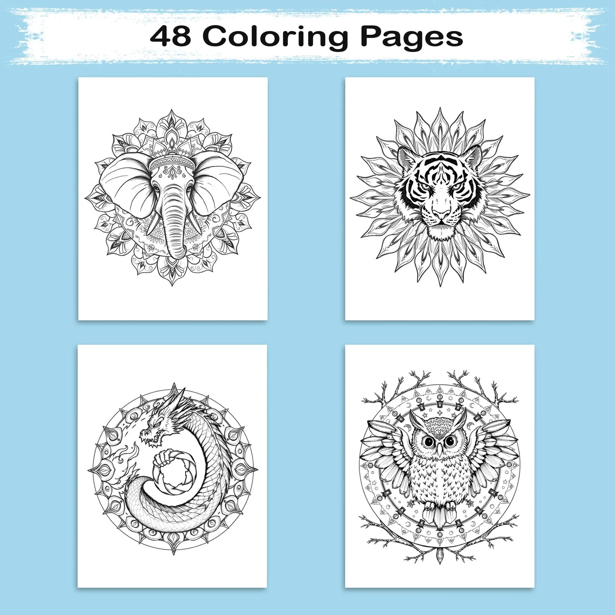 Spirit Animal Mandalas – Mandala Coloring Pages – 48 Pages – Owls, Foxes, Dragons & Sacred Beasts – For Adults - image 2