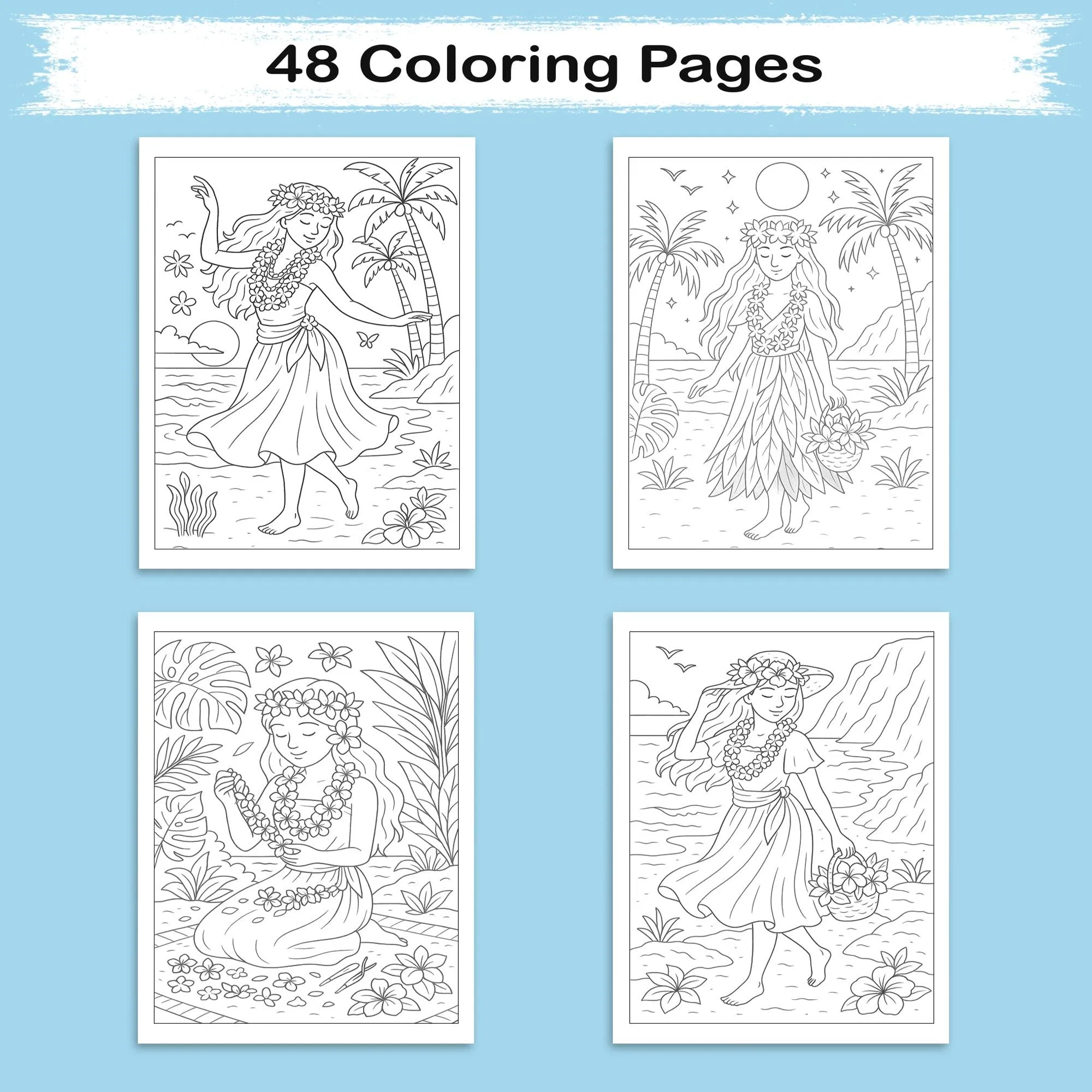 Island Girls of Hawaii Coloring Pages – 48 Tropical Portraits of Graceful Women & Scenic Views - For Adults - image 3