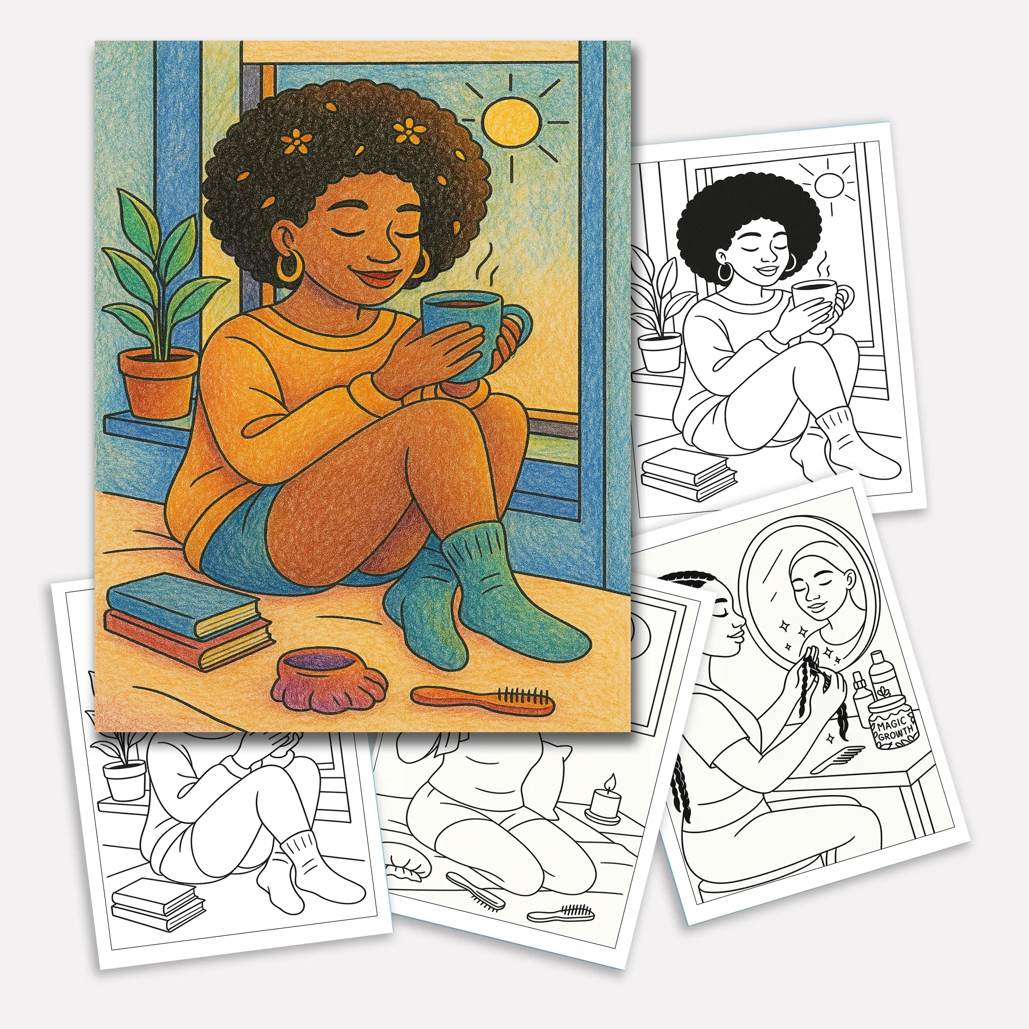 Natural Hair Magic Coloring Pages – 48 Empowering Portraits Celebrating Curls, Braids, and Black Beauty - image 3