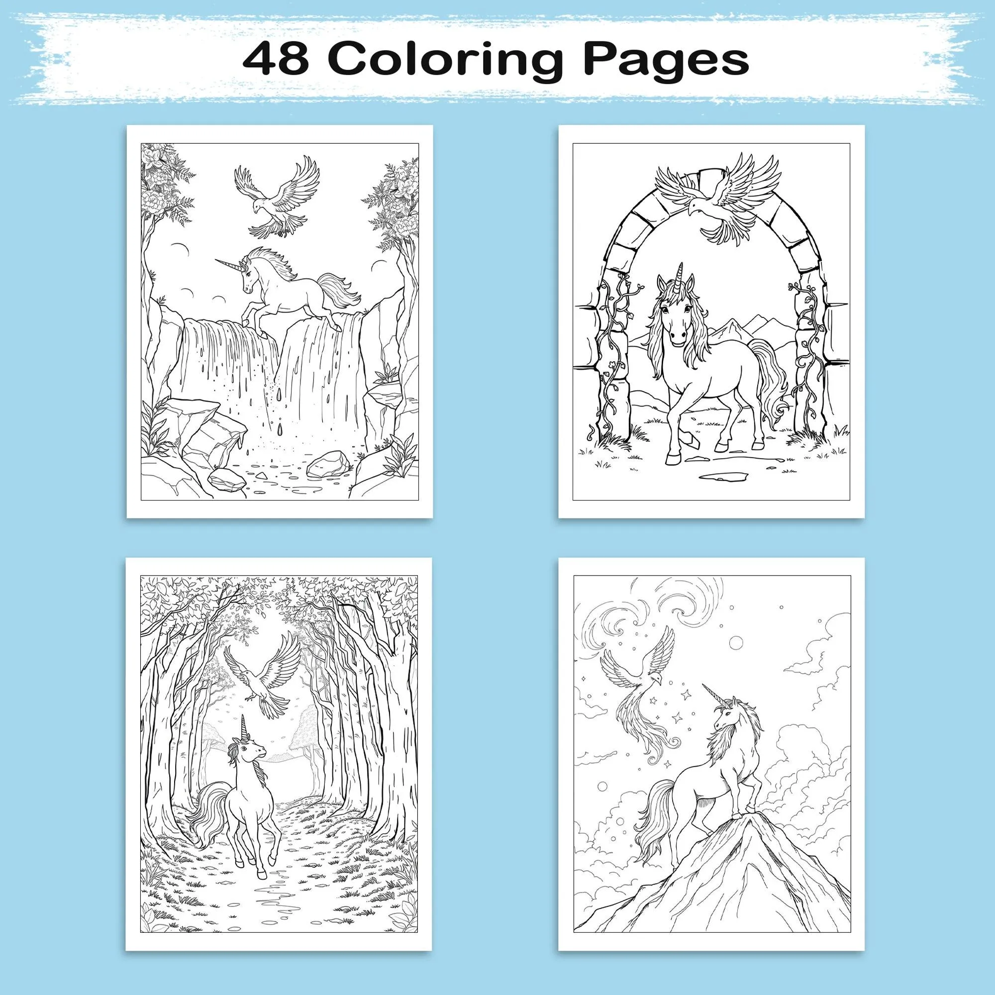 The Unicorn & Phoenix – Coloring Pages – 48 Mythical Journey Scenes – For Kids and Adults - image 3