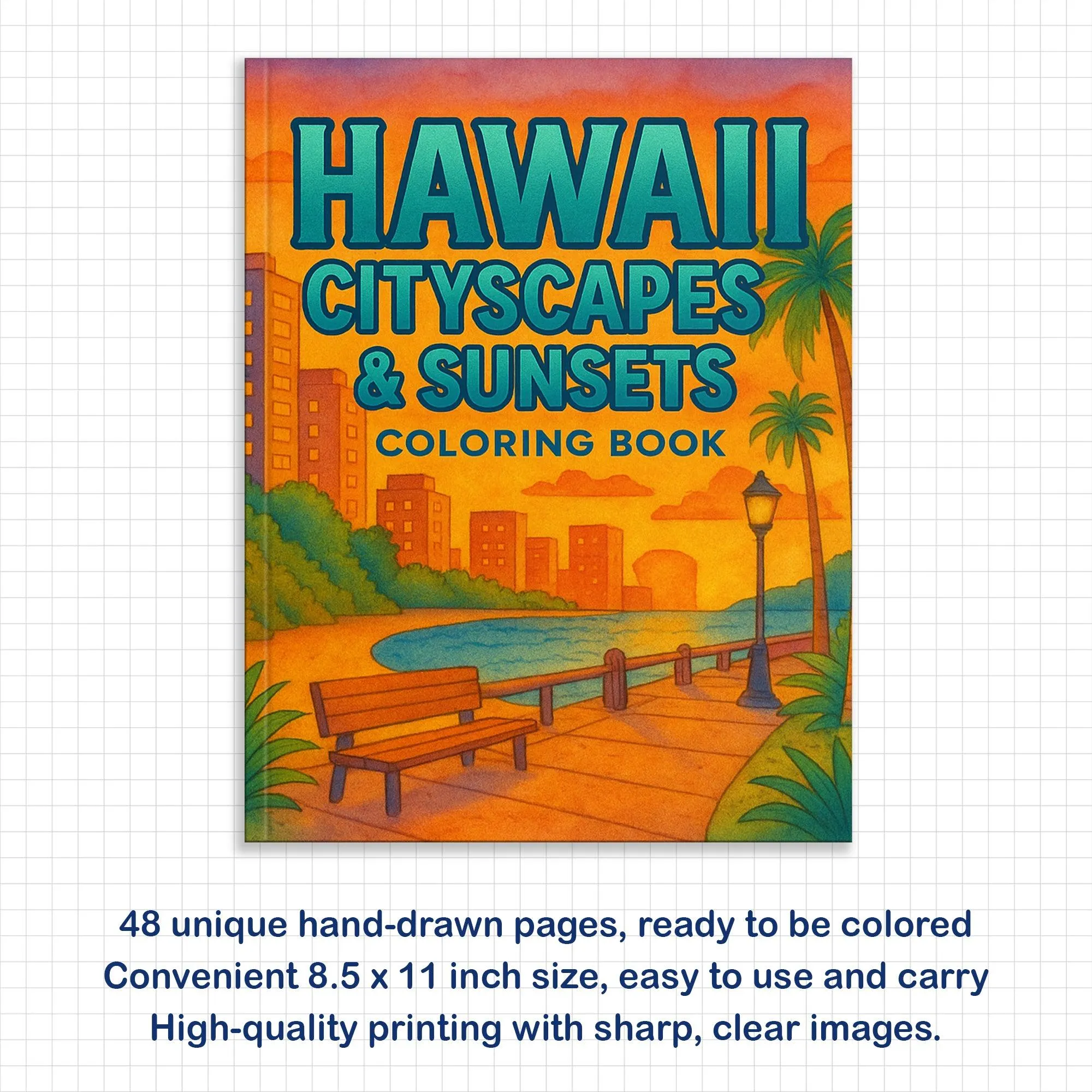 Hawaii Cityscapes & Sunsets – Hawaii Coloring Pages – 48 Pages – Tropical Urban Scenes, Sunset Views – For Adults - image 4