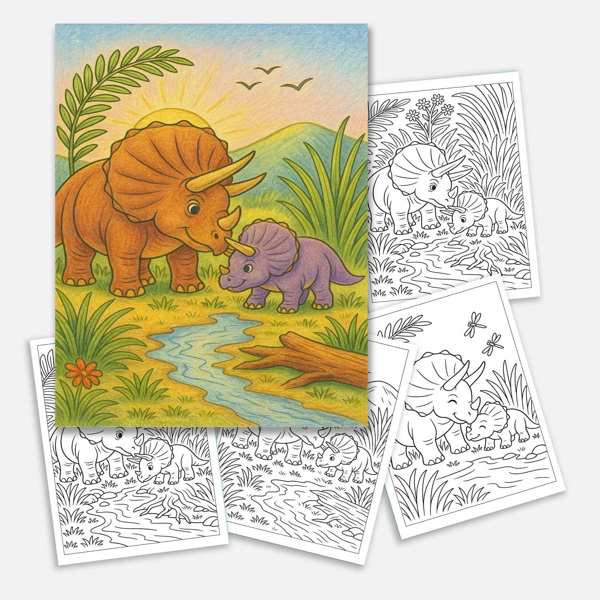 Triceratops Valley Coloring Pages – 48 Pages – Cute, Peaceful, Dinosaur Family Moments – For Kids - image 2