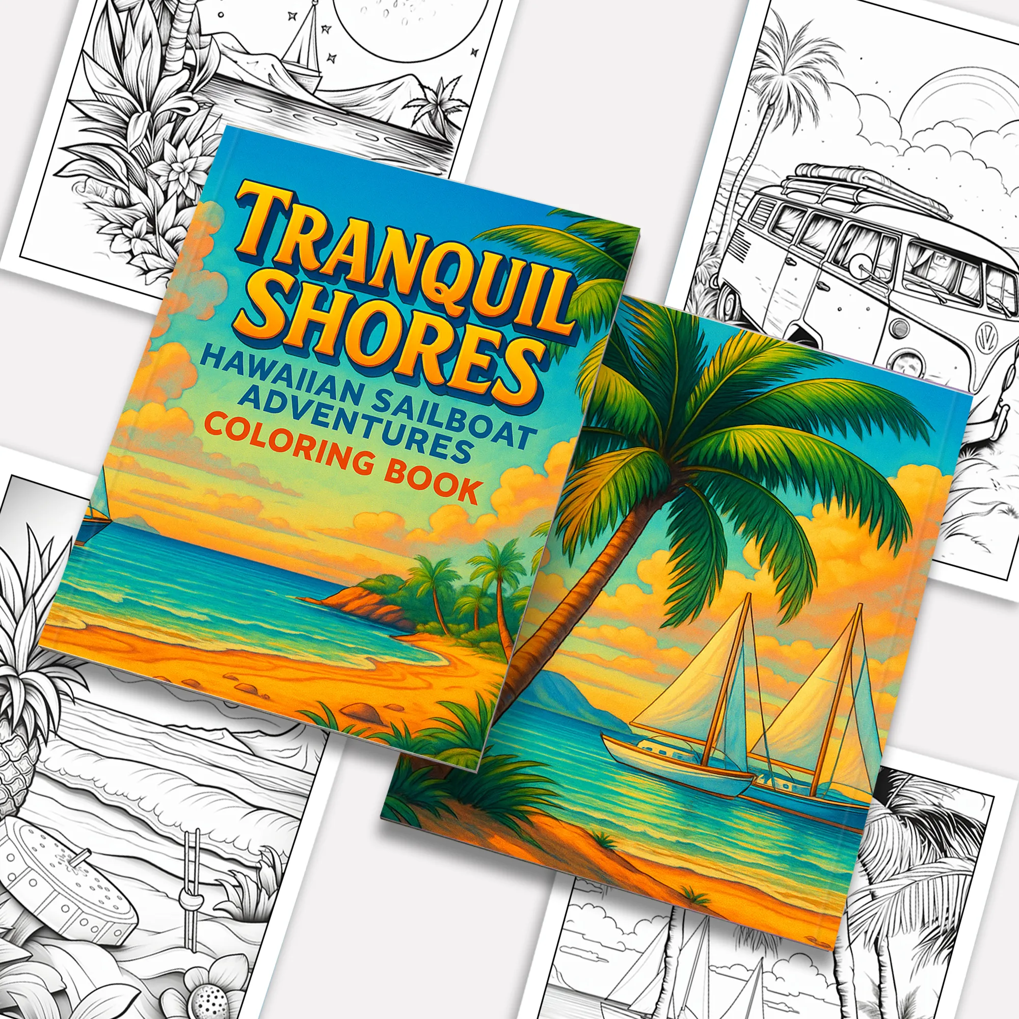 Tranquil Shores Hawaii Coloring Pages – 48 Serene Ocean and Palm Tree Scenes for Adults