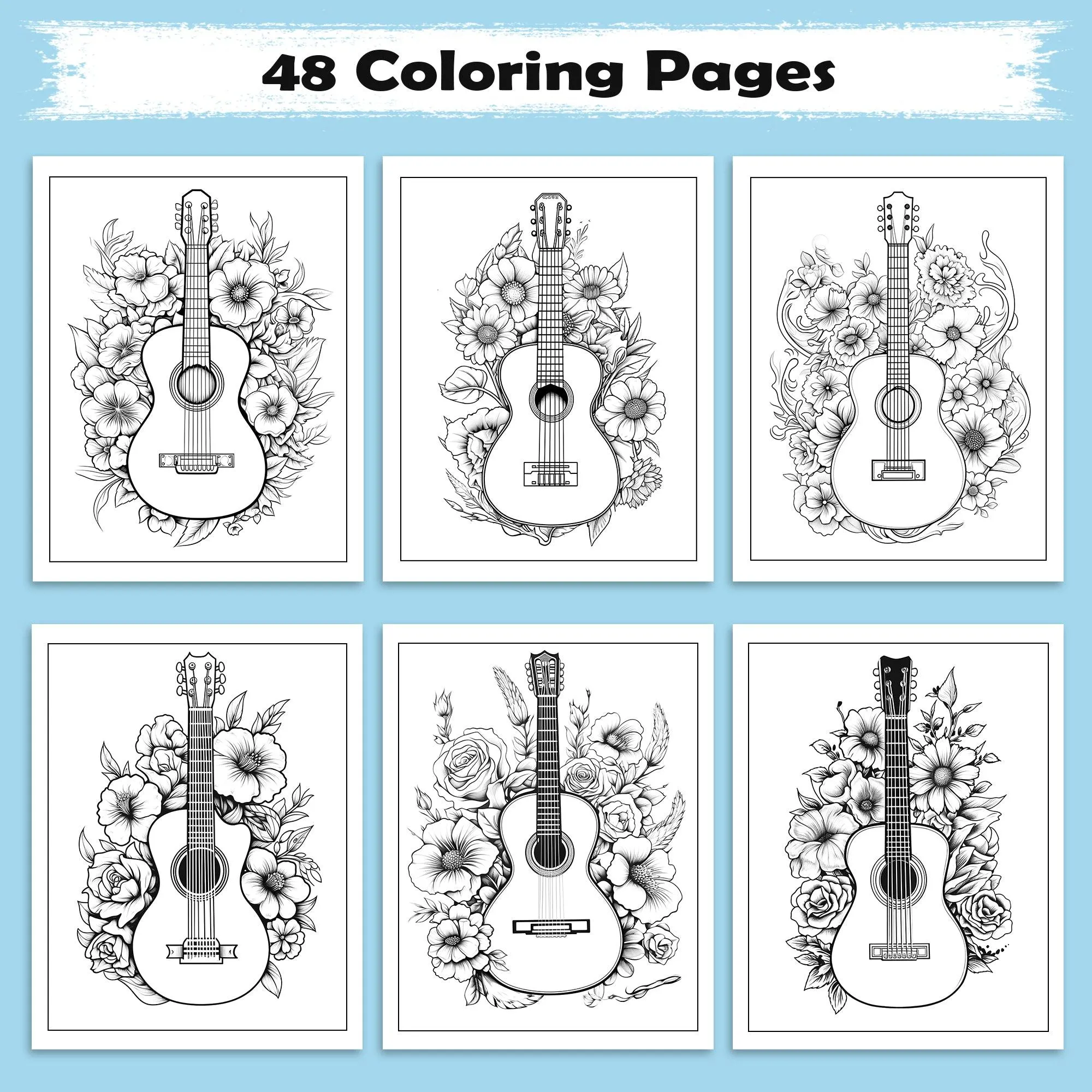 Melody in Bloom Coloring Pages – 48 Guitar and Flower Designs for Adults - image 2