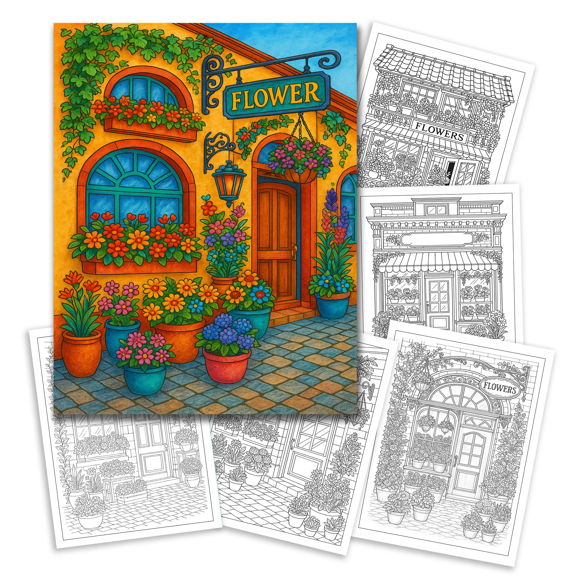 Flower Storefront Coloring Book - Romantic Streets and Blossoming Window Displays - image 2