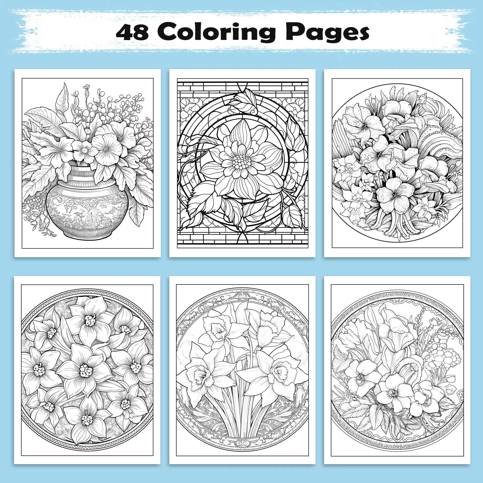 Framed Blooms Vase Coloring Pages – 48 Pages – Beautiful Flowers, Artistic Frames, Vase Designs – For Adults - image 3