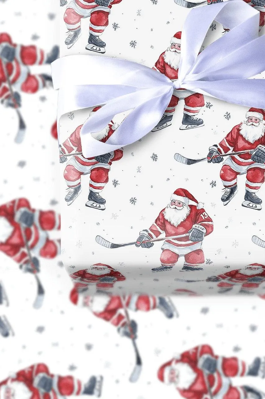 Hockey Santa Wrapping Paper, 13 Claus Playing Ice Watercolor on White Gift Wrapping Paper, Gift Wrap for Players, Coaches and Sports Fans - image 3