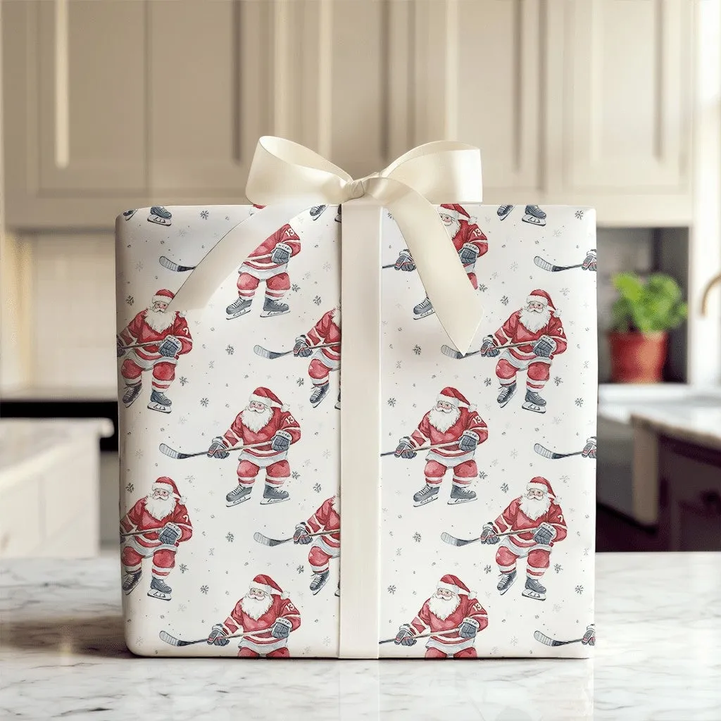 Hockey Santa Wrapping Paper, 13 Claus Playing Ice Watercolor on White Gift Wrapping Paper, Gift Wrap for Players, Coaches and Sports Fans - image 4