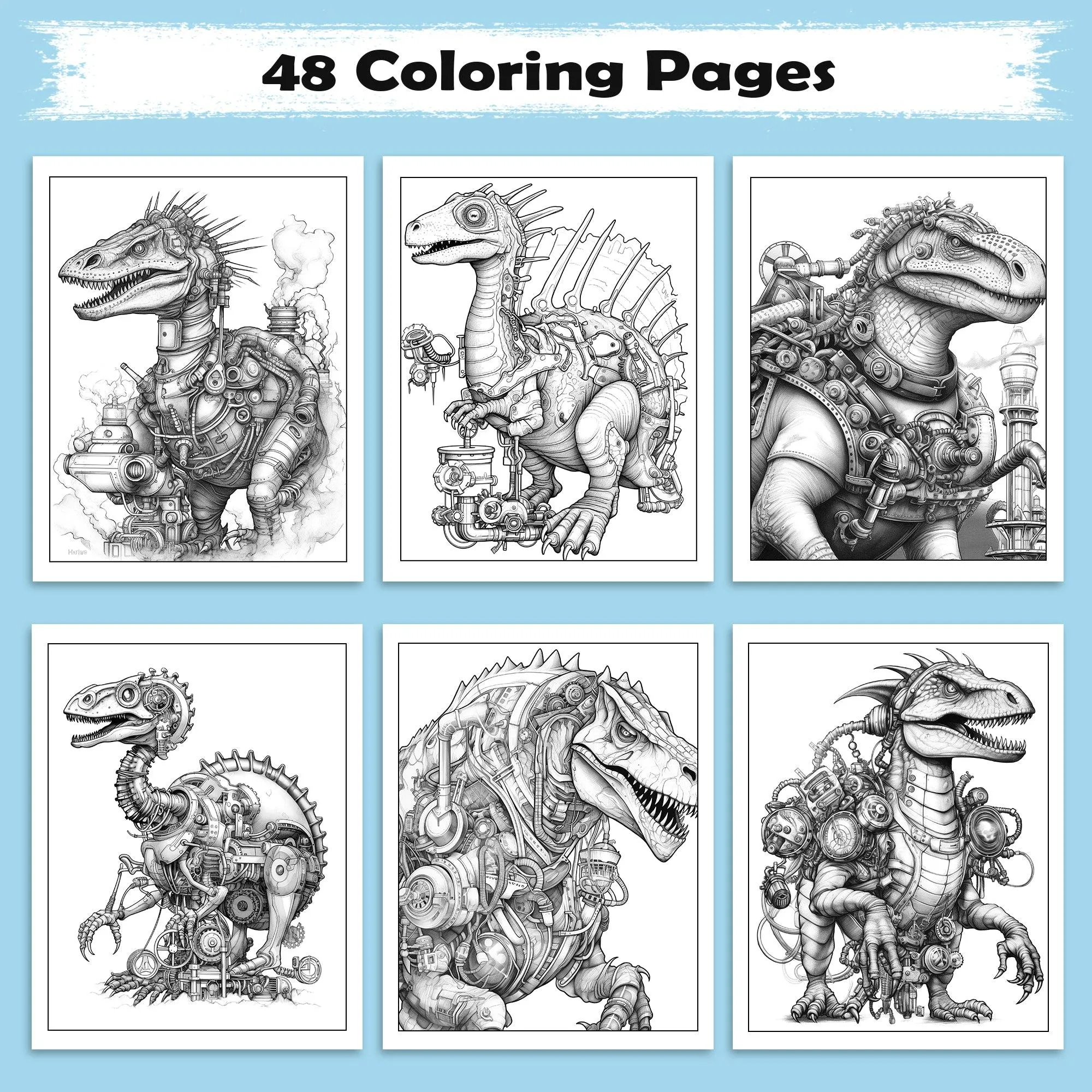 Steampunk Dinosaurs – Mechanical Dino Adventure Coloring Pages – 48 Pages – Complex Line Art, For Adults - image 3