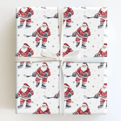 Hockey Santa Wrapping Paper, 13 Claus Playing Ice Watercolor on White Gift Wrapping Paper, Gift Wrap for Players, Coaches and Sports Fans