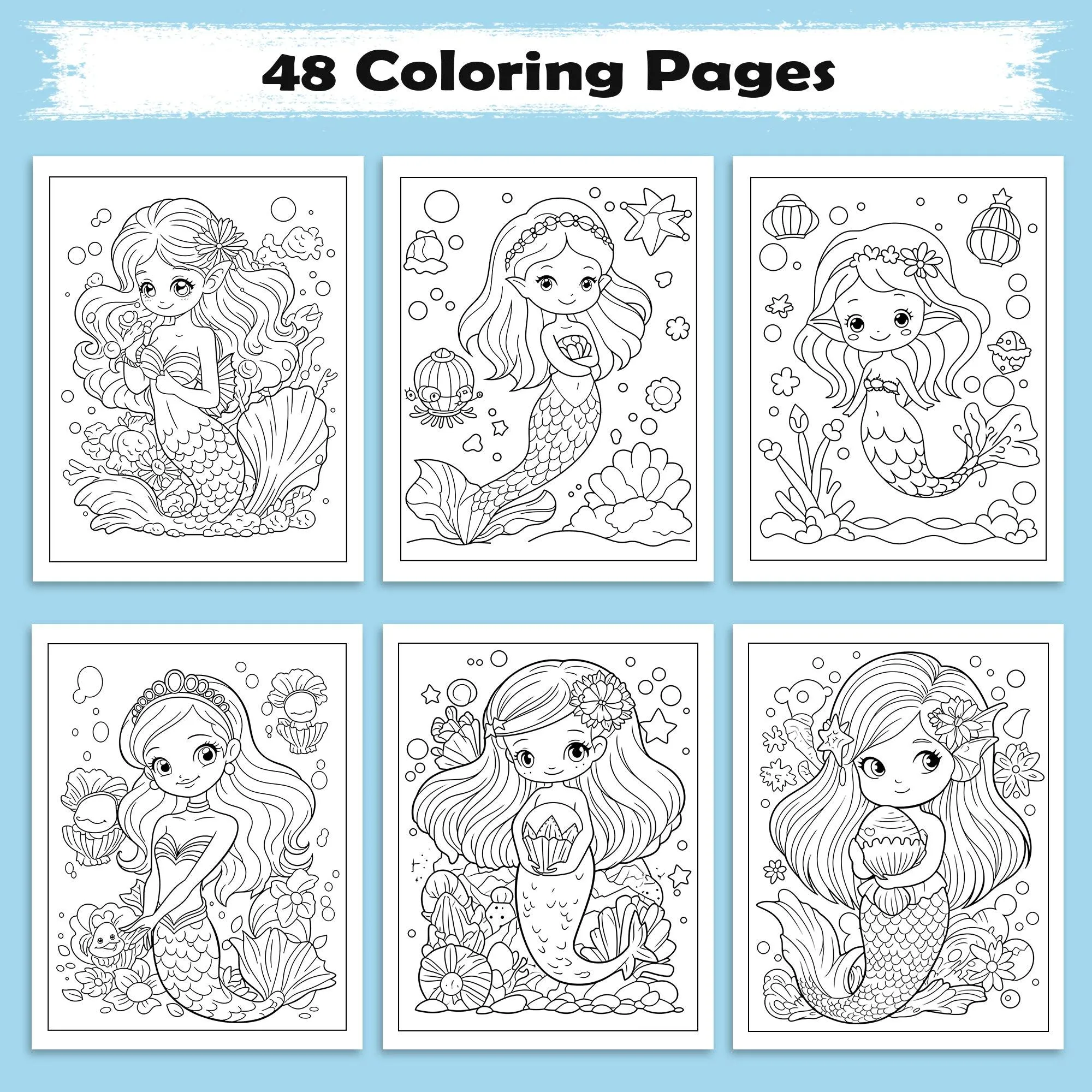 Kawaii Mermaid Magic Coloring Pages – 48 Pages – Cute Ocean, Mermaid, and Sea Life Designs – For Kids - image 3