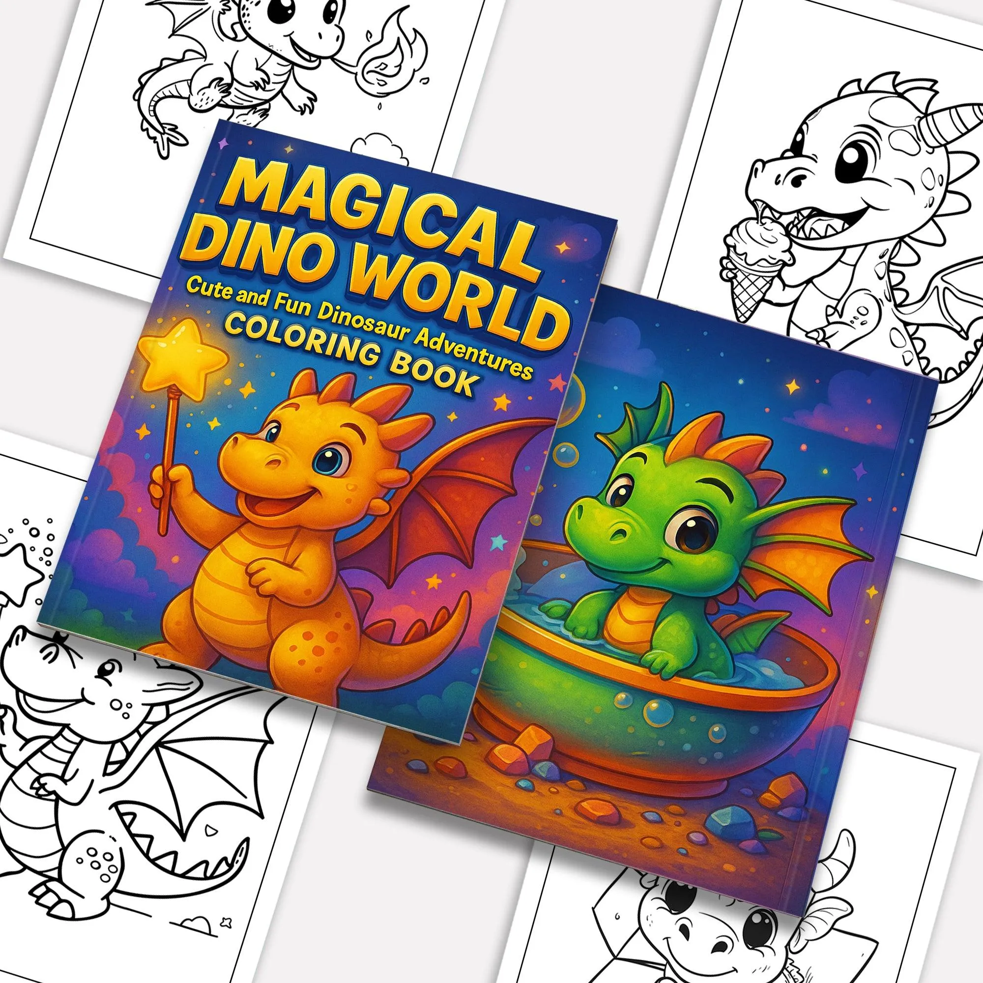 Magical Dino World Coloring Pages – 48 Pages – Cute Dinosaur Adventures, Bath Time and Magic Scenes – For Kids