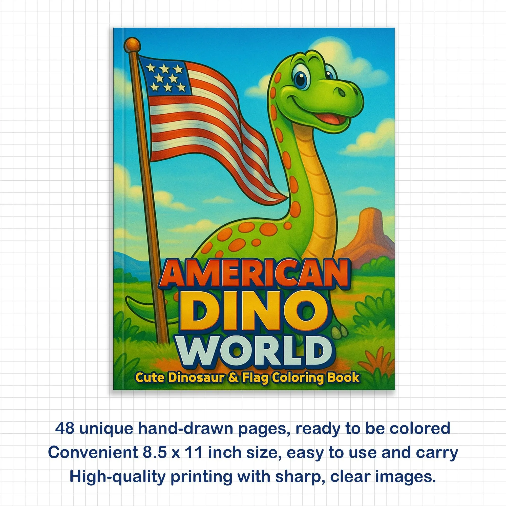 American Dino World – Cute Dinosaur & Flag Coloring Pages – 48 Pages – Cartoon Dino, Patriotic Scene – For Kids - image 2