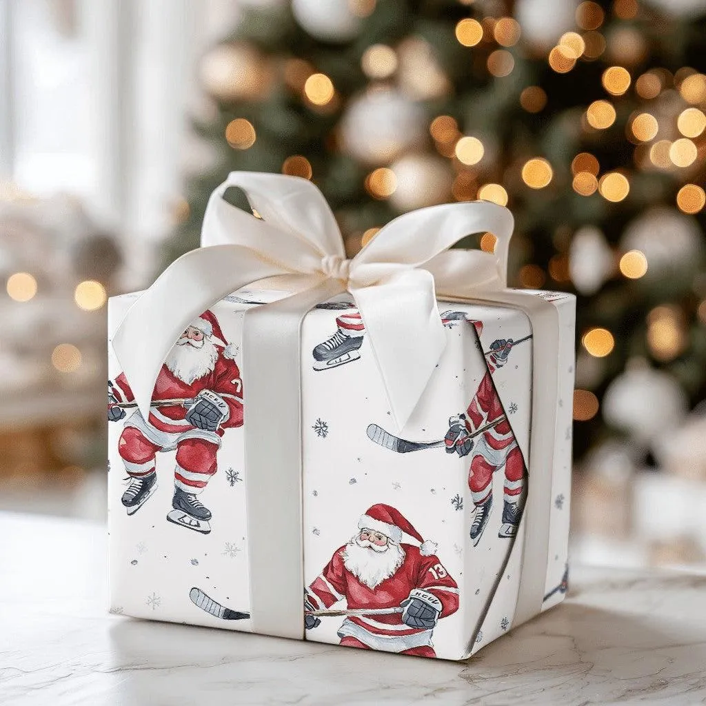 Hockey Santa Wrapping Paper, 13 Claus Playing Ice Watercolor on White Gift Wrapping Paper, Gift Wrap for Players, Coaches and Sports Fans - image 2