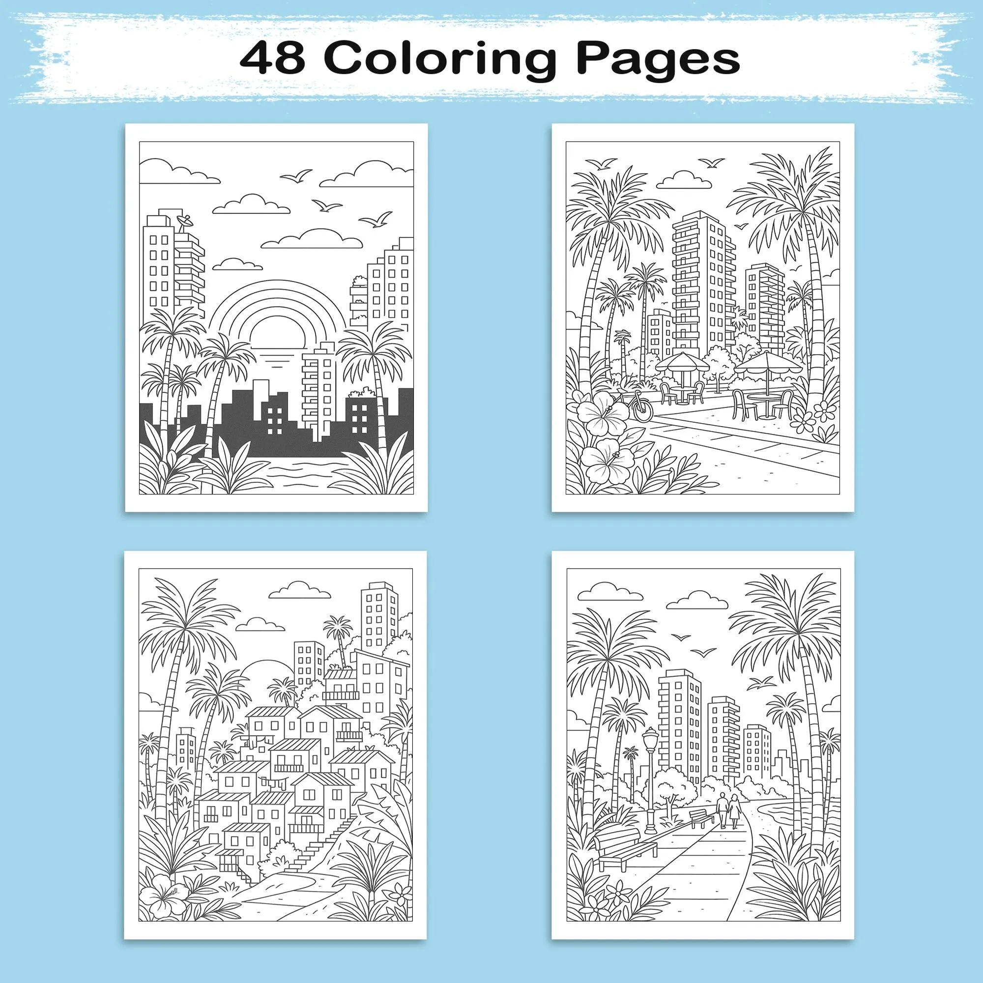 Hawaii Cityscapes & Sunsets – Hawaii Coloring Pages – 48 Pages – Tropical Urban Scenes, Sunset Views – For Adults - image 3