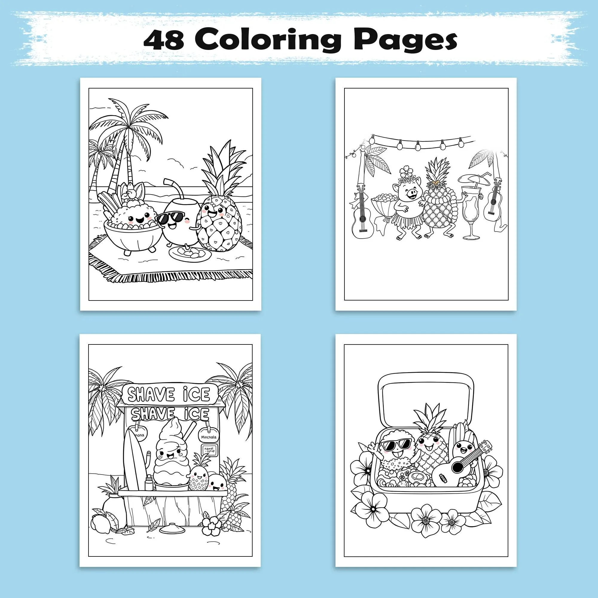 Kawaii Hawaii Treats Coloring Pages – 48 Cute Tropical Snack Illustrations for Kids - image 2
