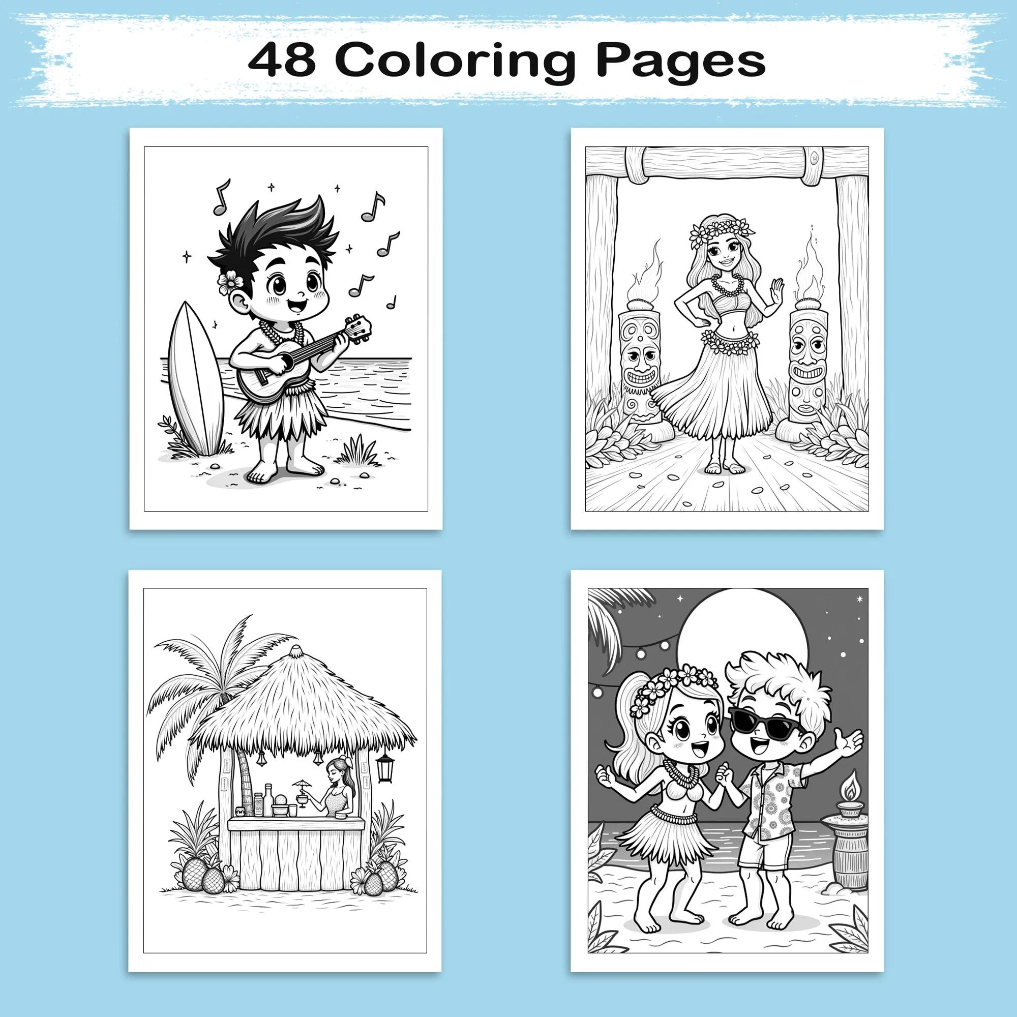 Happy Island Life in Hawaii Coloring Pages – 48 Cute Tropical Scenes with Dancing, Music & Tiki Fun - For Kids - image 3