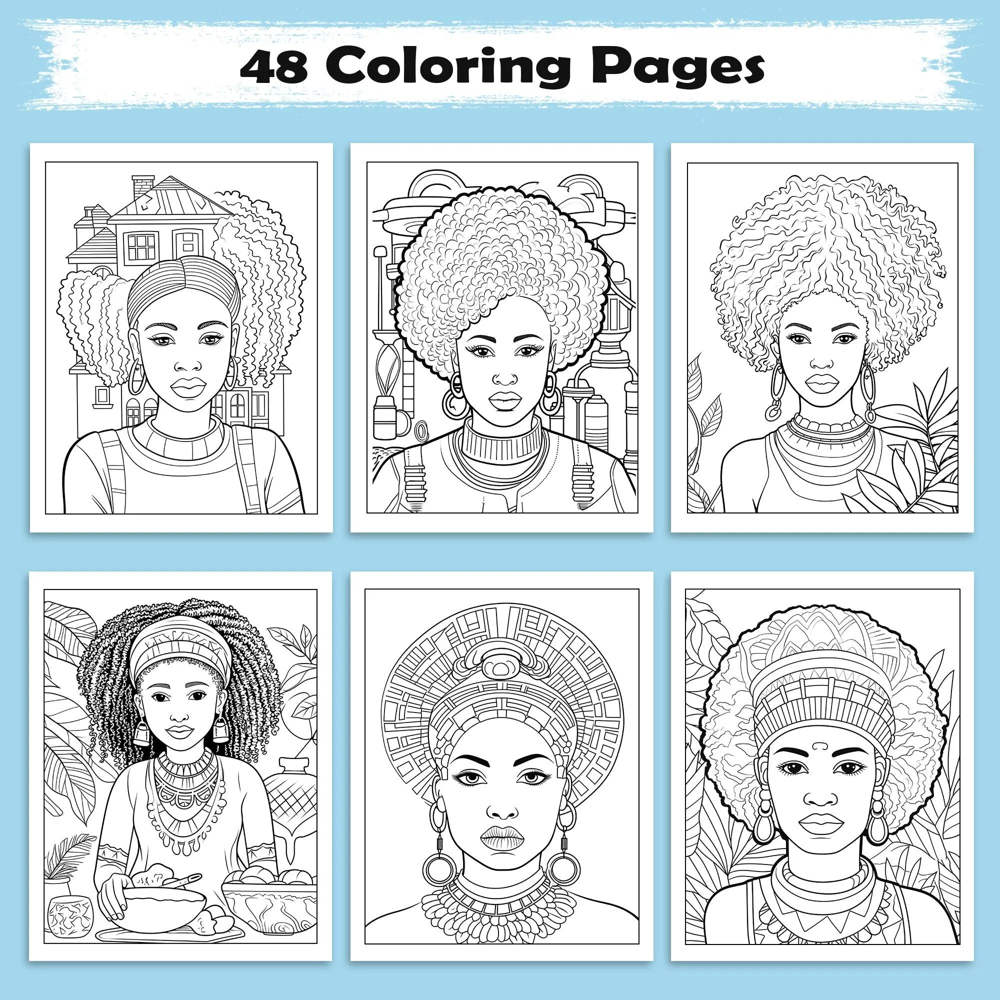 African Elegance Coloring Pages – 48 Pages – Beautiful Cultural Queens Portraits – For Adults - image 3