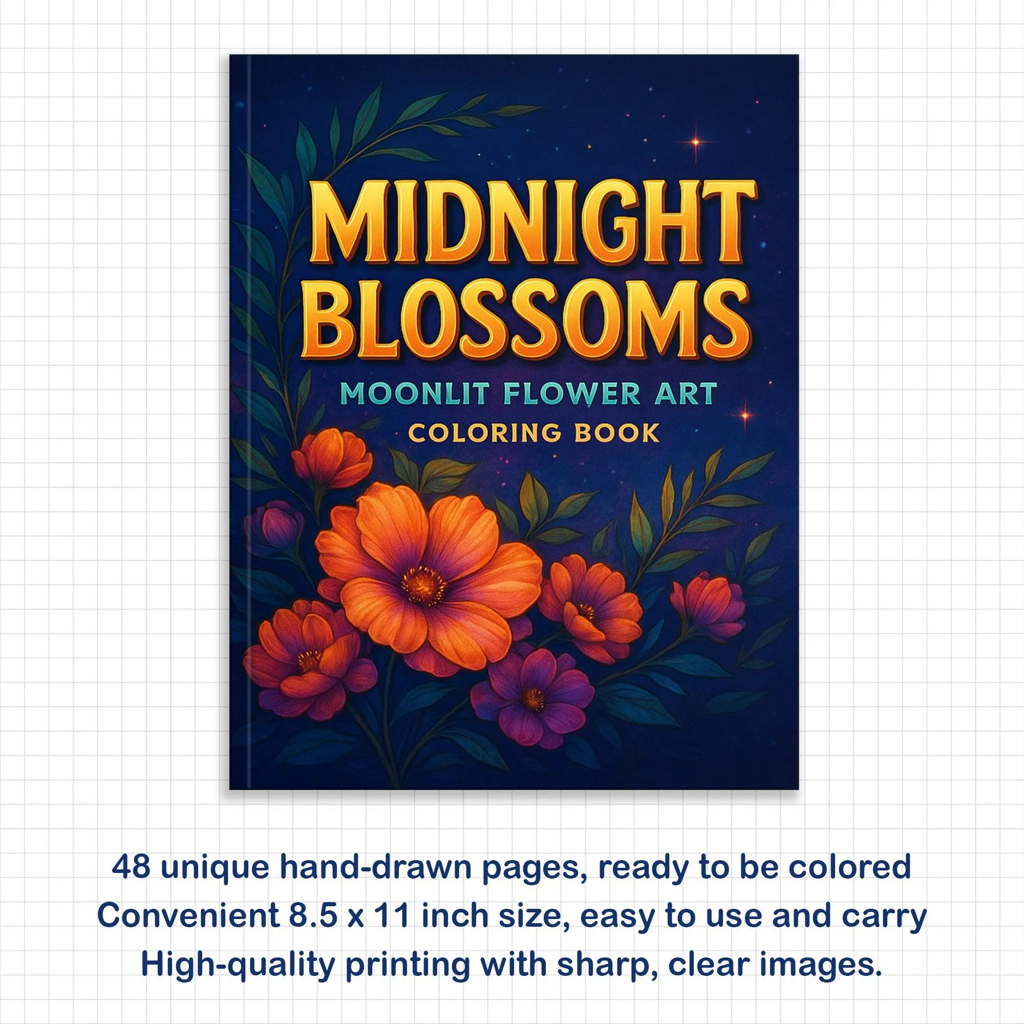 Midnight Blossoms Coloring Pages – 48 Pages – Enchanted Flowers, Starry Sky, Moonlit Scenes – For Adults - image 2