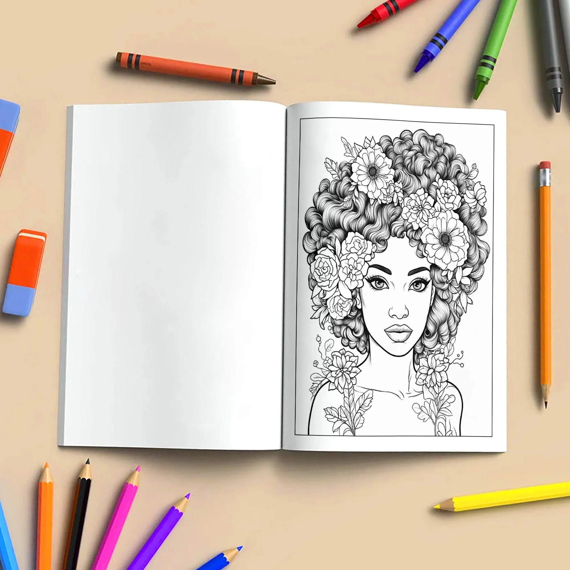 Blooming Melanin Coloring Pages – 48 Pages – Beautiful Black Girl Floral Portraits – For Adults - image 4