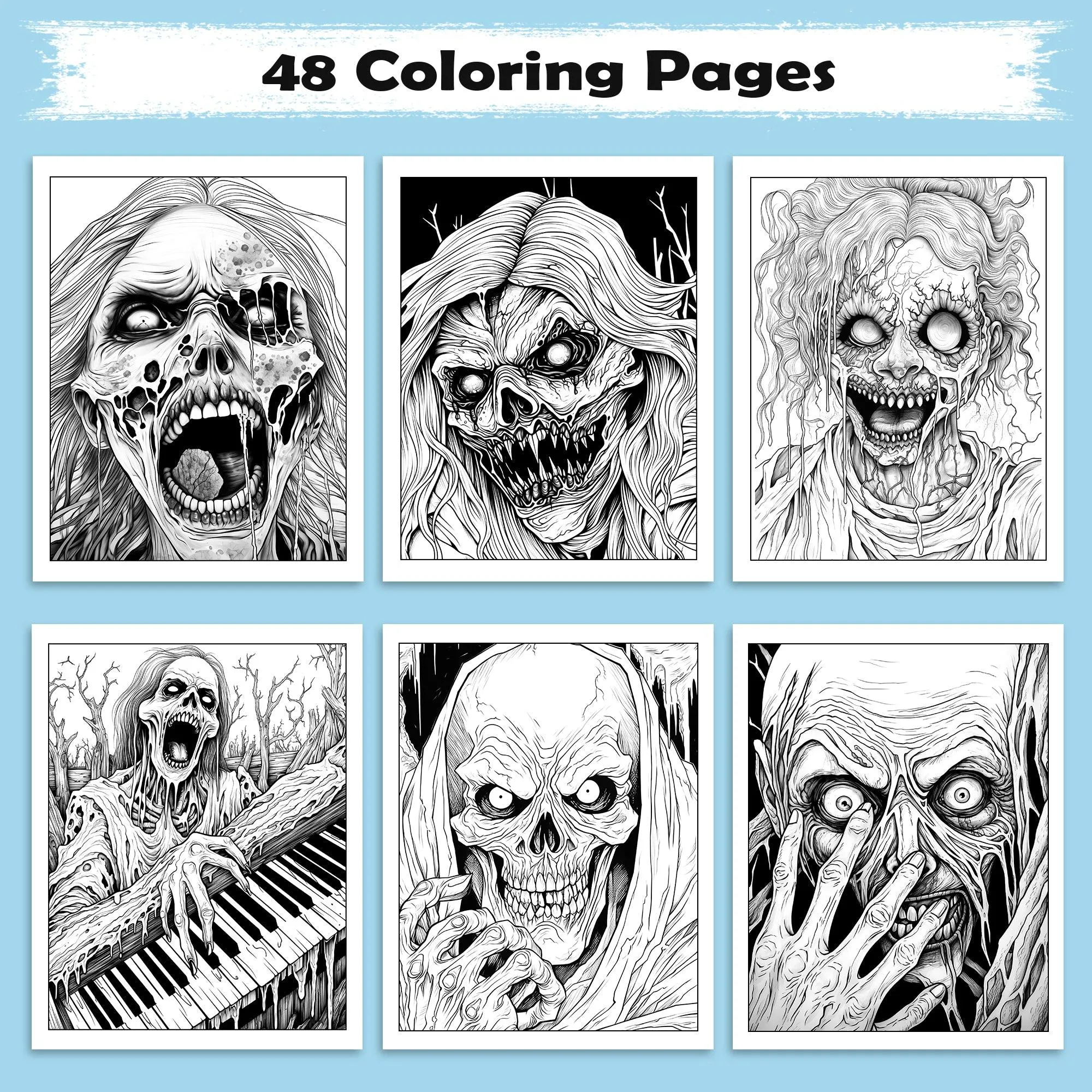 Haunting Screams Horror Coloring Pages – 48 Pages – Scary Skeletons, Zombies & Haunted Piano Scene – For Adults - image 3