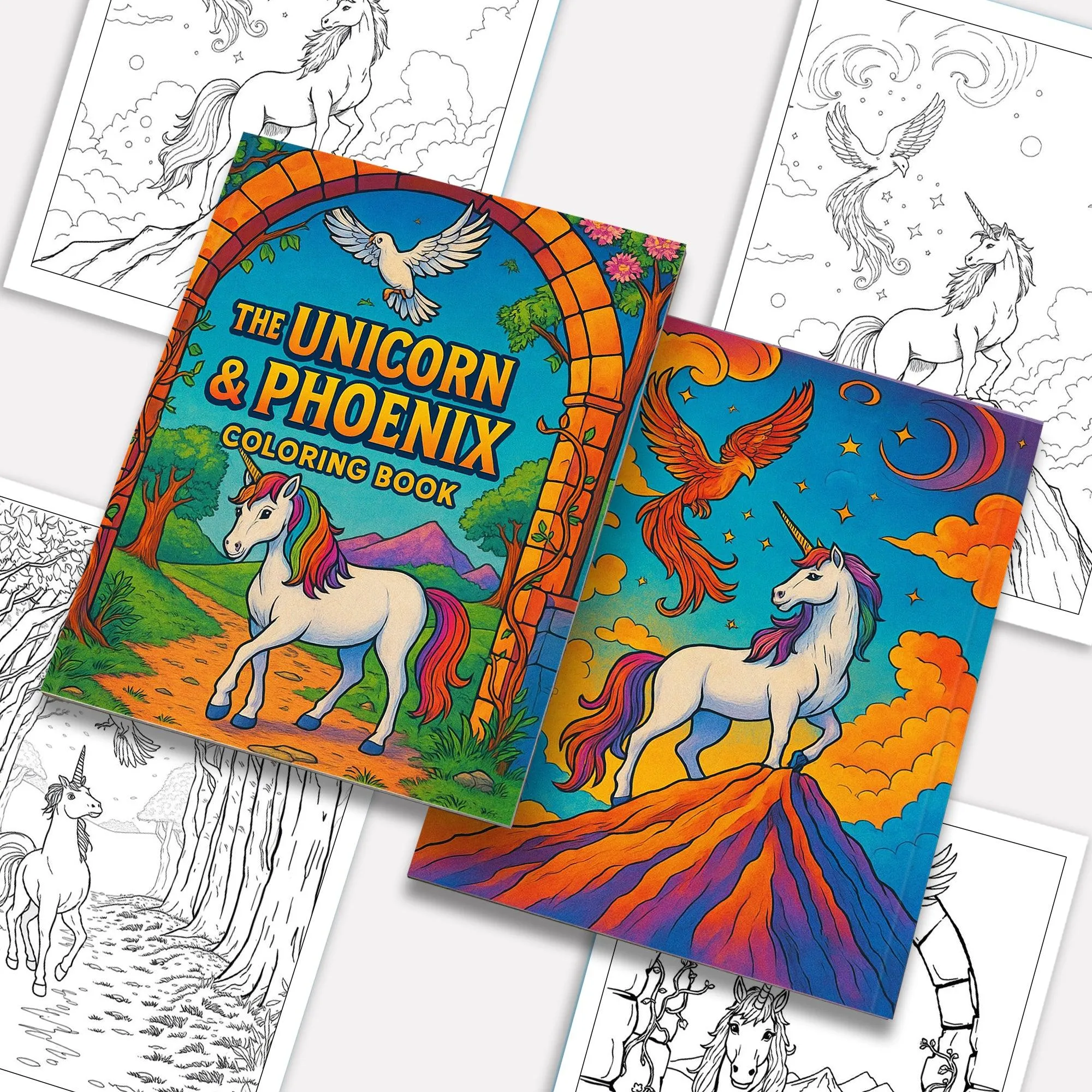 The Unicorn & Phoenix – Coloring Pages – 48 Mythical Journey Scenes – For Kids and Adults