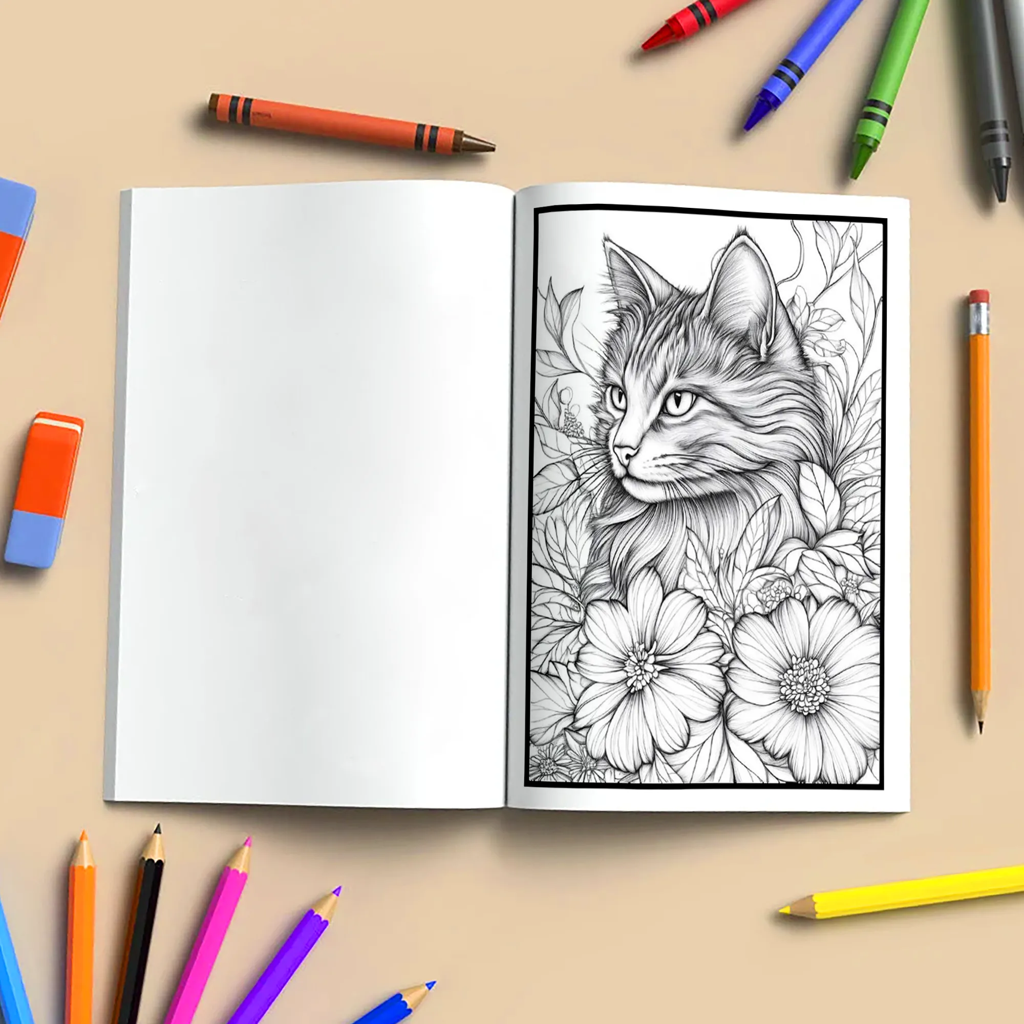 Whiskers & Blooms – Flower Coloring Pages – 48 Pages – Cozy Cats, Floral Backgrounds, Relaxing Line Art – For Adults - image 4